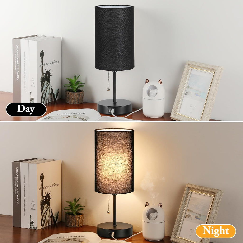 Set of 2 Table Lamps with 2 USB Ports, Bedside Lamps for Bedrooms, Modern Nightstand Lamps with Pull Chain, Minimalist Desk Lamps with Black Fabric Shade and Metal Base for Living Room Home Office