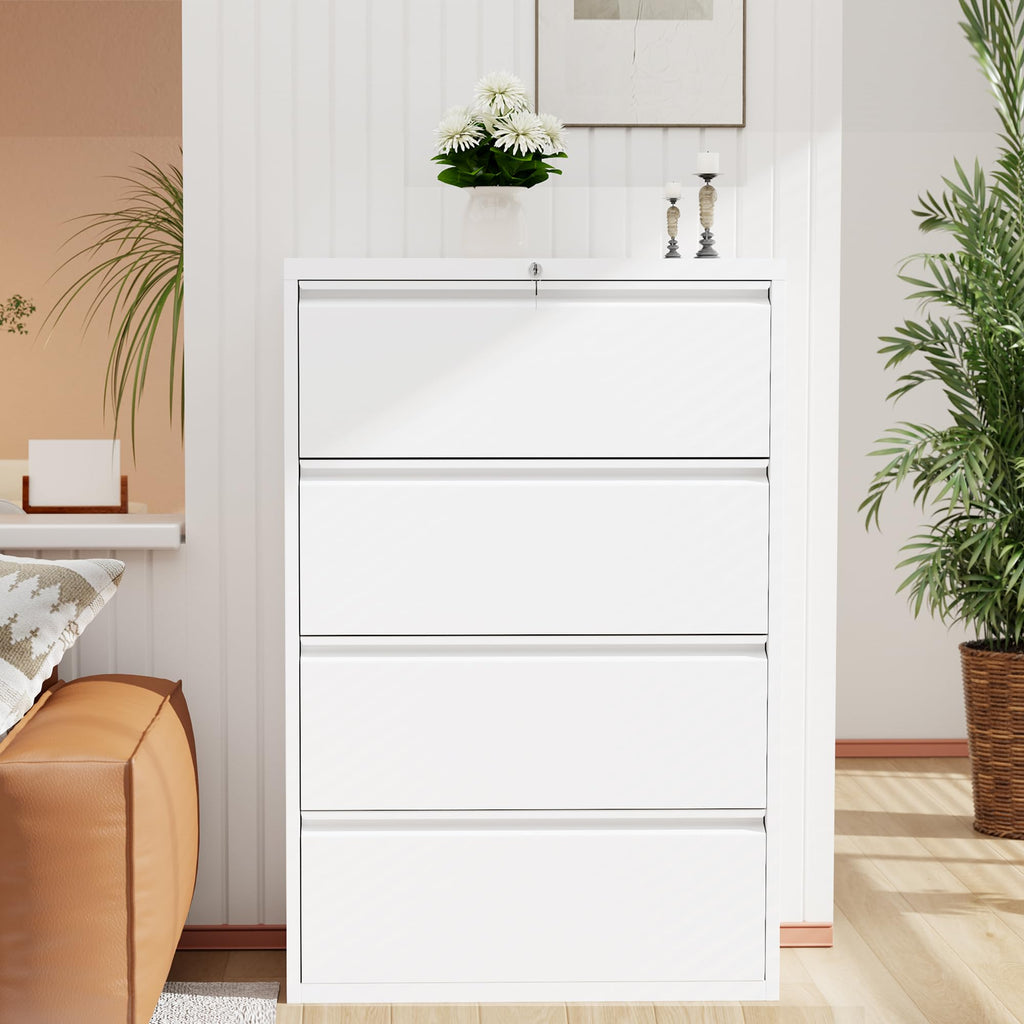 4 Drawer File Cabinet, White Lateral File Cabinet with Lock, 28" W Metal Office Filing Cabinet with Adjustable Frame for Legal, Letter, A4 Files