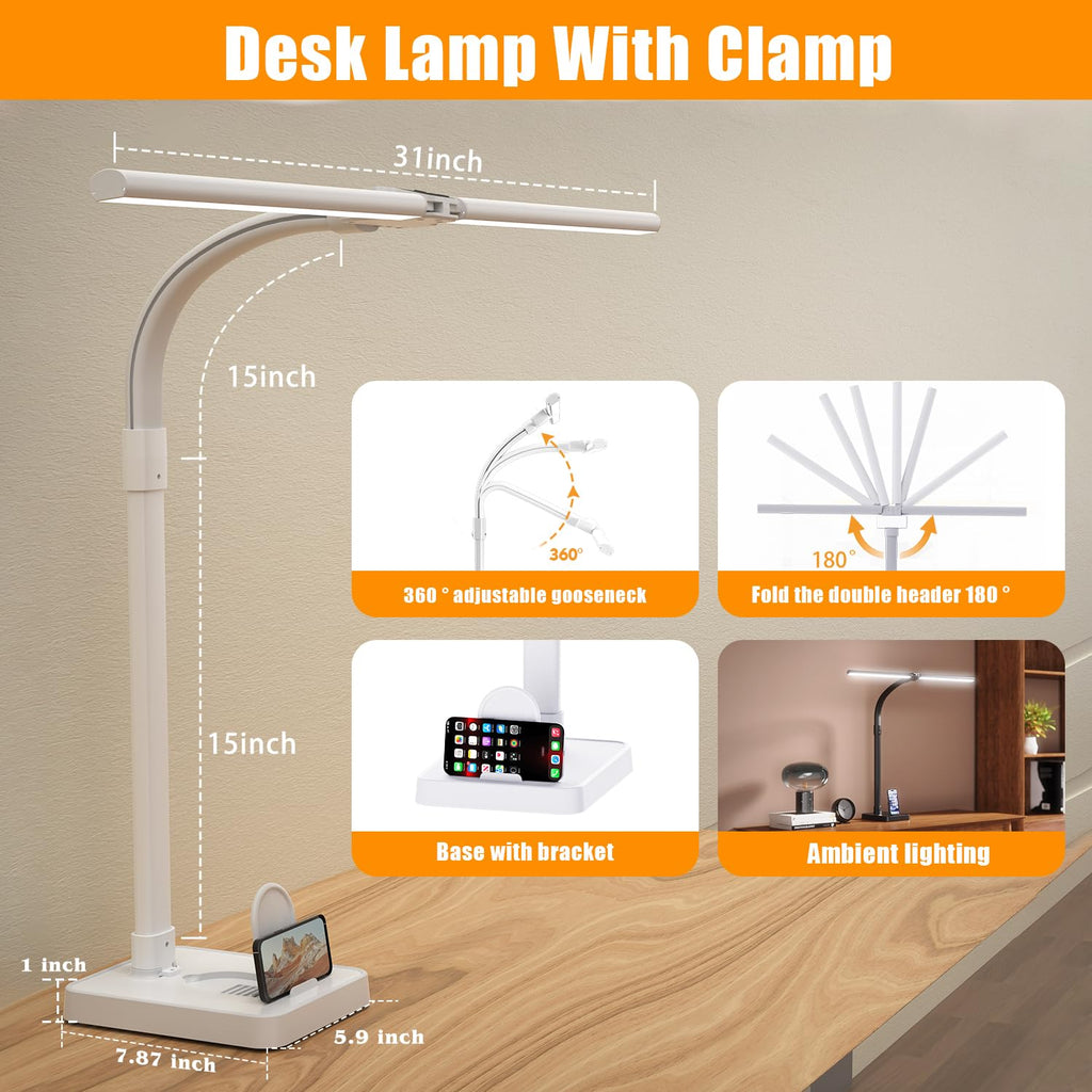 Led Desk Lamp for Office,24W Bright Eye-Caring Desk Light with Base,5 Brightness and 5 temperatures Dimmable Workbench Task Light, Adjustable Gooseneck Table Lamp for Monitor(White)