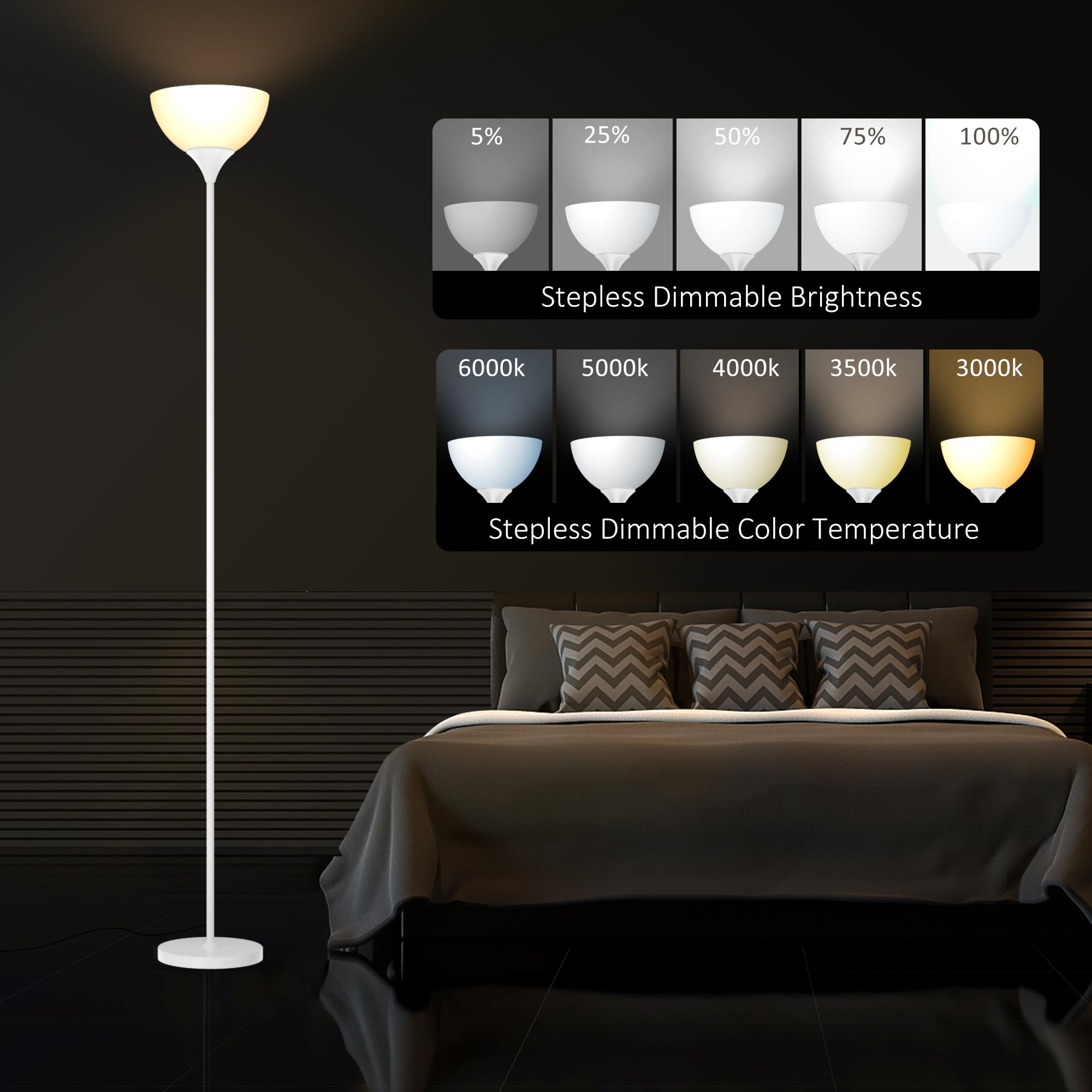 Floor Lamp, Remote Control with Stpeless Color Temperatures and Brightness, Torchiere lamp for Bedroom, Living Room, Bulb Included