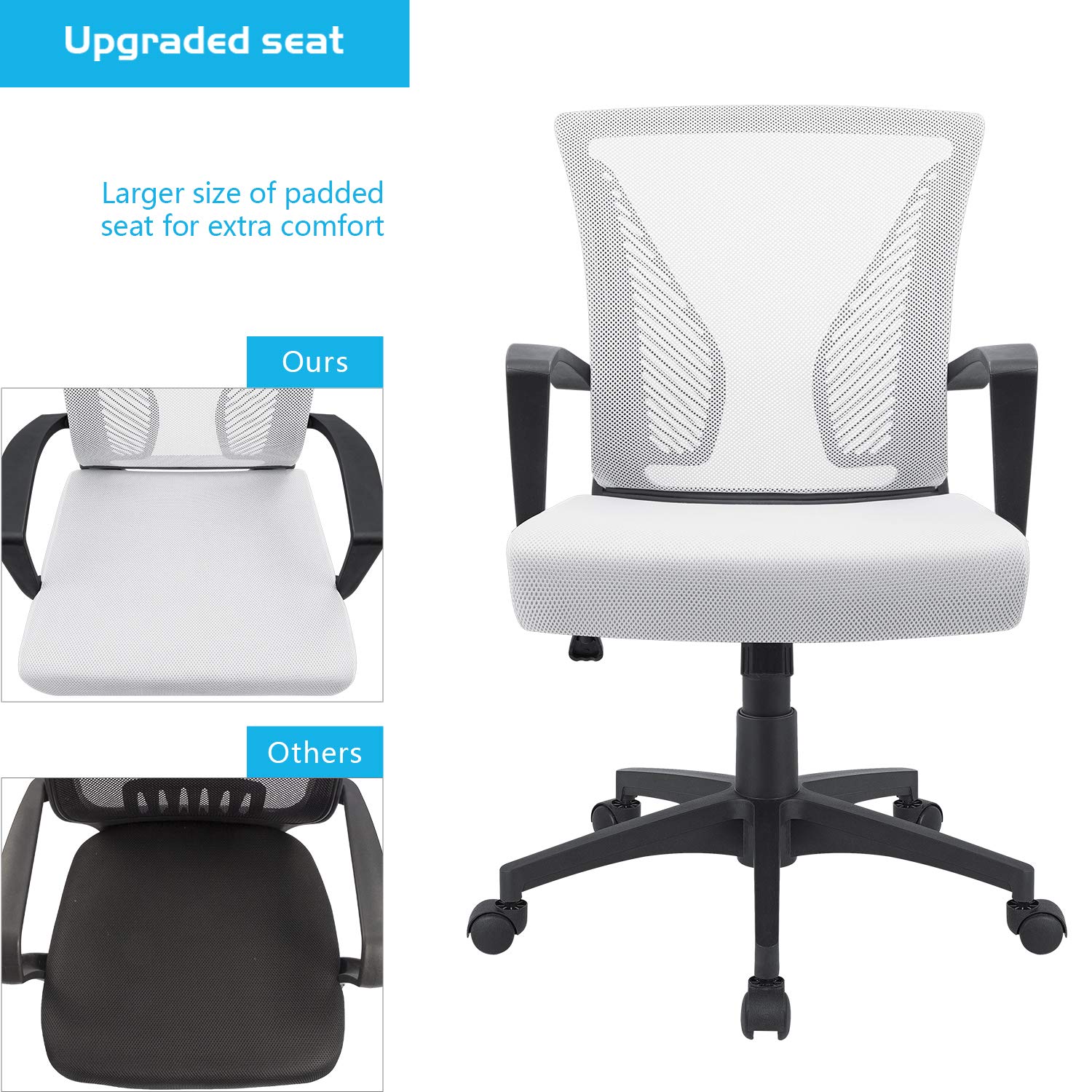 Office Chair Ergonomic Computer Desk Mesh Chair Mid Back Swivel Lumbar Support with Armrest (1, White)