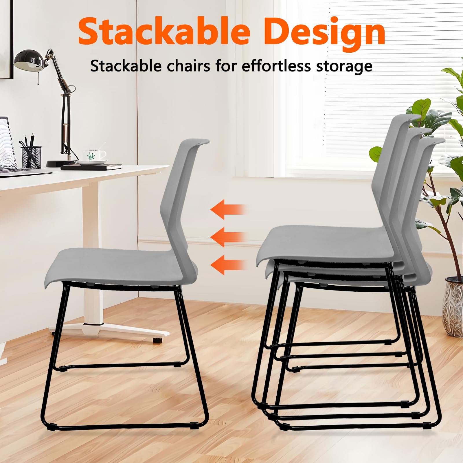 Set of 4, Stackable Guest Reception Chairs, Stacking Office Chair with Ergonomic Lumbar Support & Metal Legs, Plastic Desk Chairs for Conference School Church Waiting Meeting Break Room, Gray