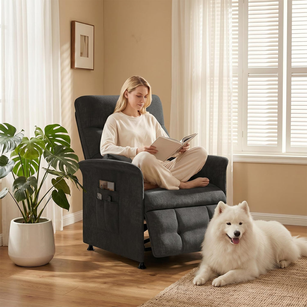 Power Recliner Chair for Adults with Heat & Massage - Soft Fabric Electric Reclining Sofa with Remote Control, 3 Side Pockets, 180° Lay Sleeper for Home Theater Living Room, Black