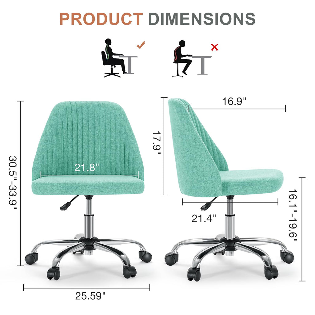 Office Chair, Comfy Desk Chair Rolling Vanity Swivel Task Chairs with Wheels, Wide Seating Armless Height Adjustable Computer Chairs for Home,Bedroom,Student,Adults, Aqua