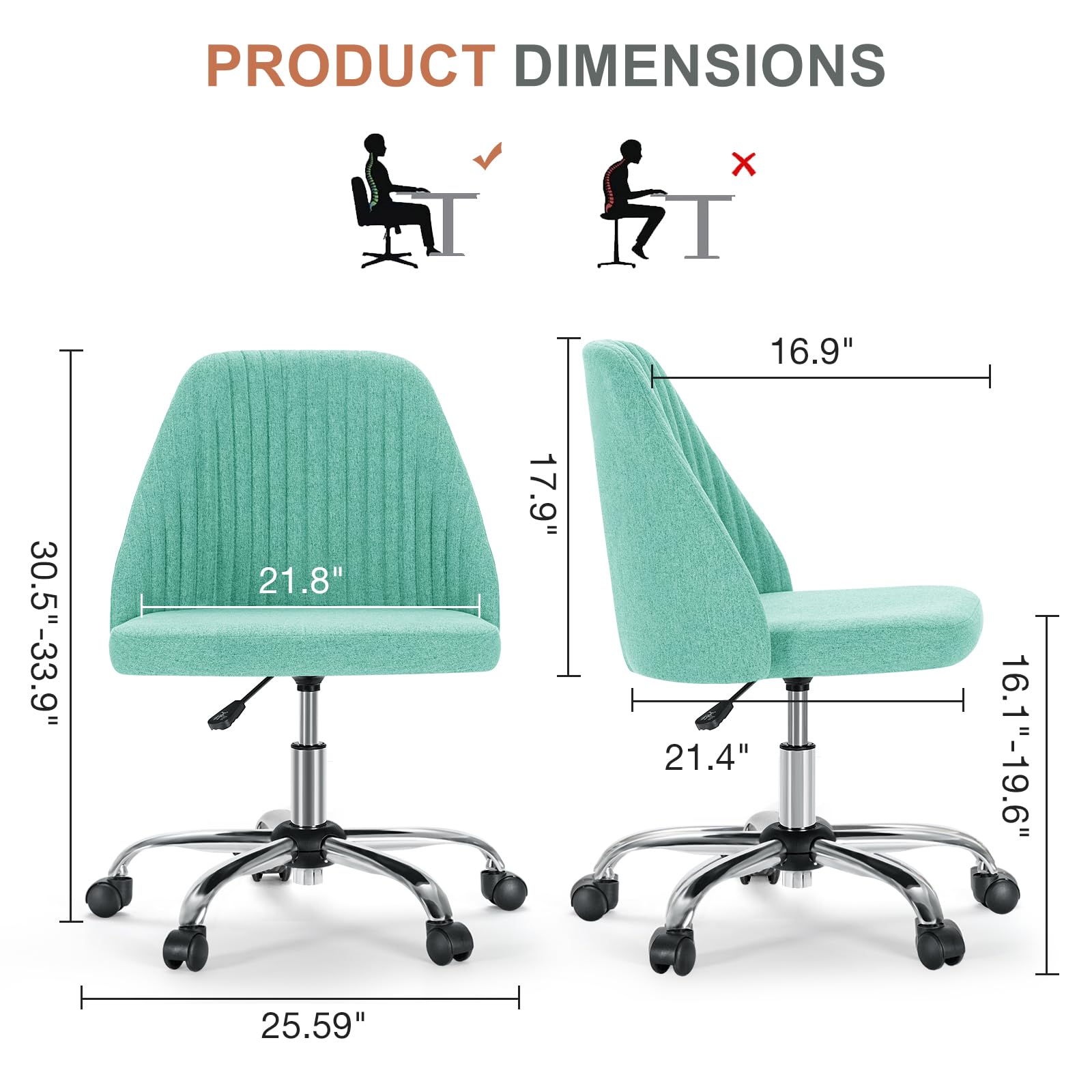 Office Chair, Comfy Desk Chair Rolling Vanity Swivel Task Chairs with Wheels, Wide Seating Armless Height Adjustable Computer Chairs for Home,Bedroom,Student,Adults, Aqua