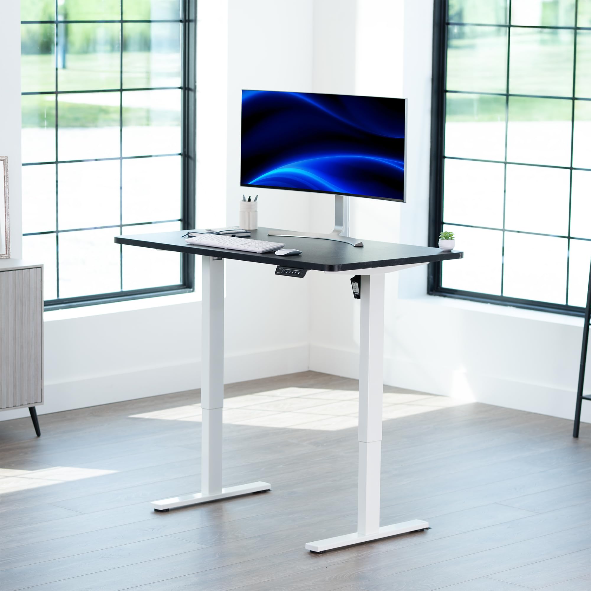Electric 48 x 30 in Standing Desk, Memory Height Adjustment, 1B Series, Holds 220 lbs, One-Piece Black Top, White Frame,
