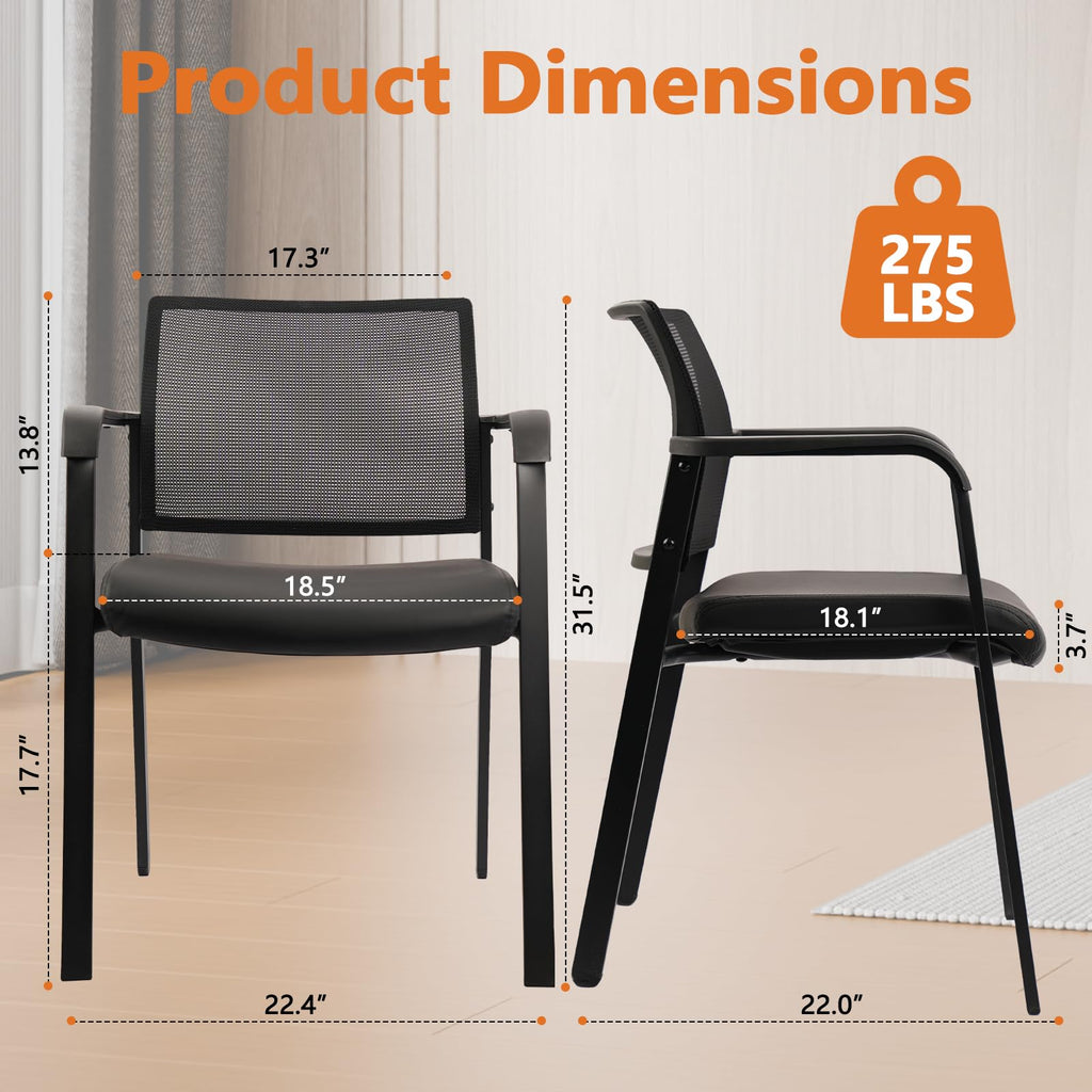 Set of 2, Stackable Office Chair, Mesh Back Guest Chairs with Comfortable Leather Seat Arms Stacking Ergonomic Desk Chair No Wheels for Conference Waiting Reception School Stationary, Black