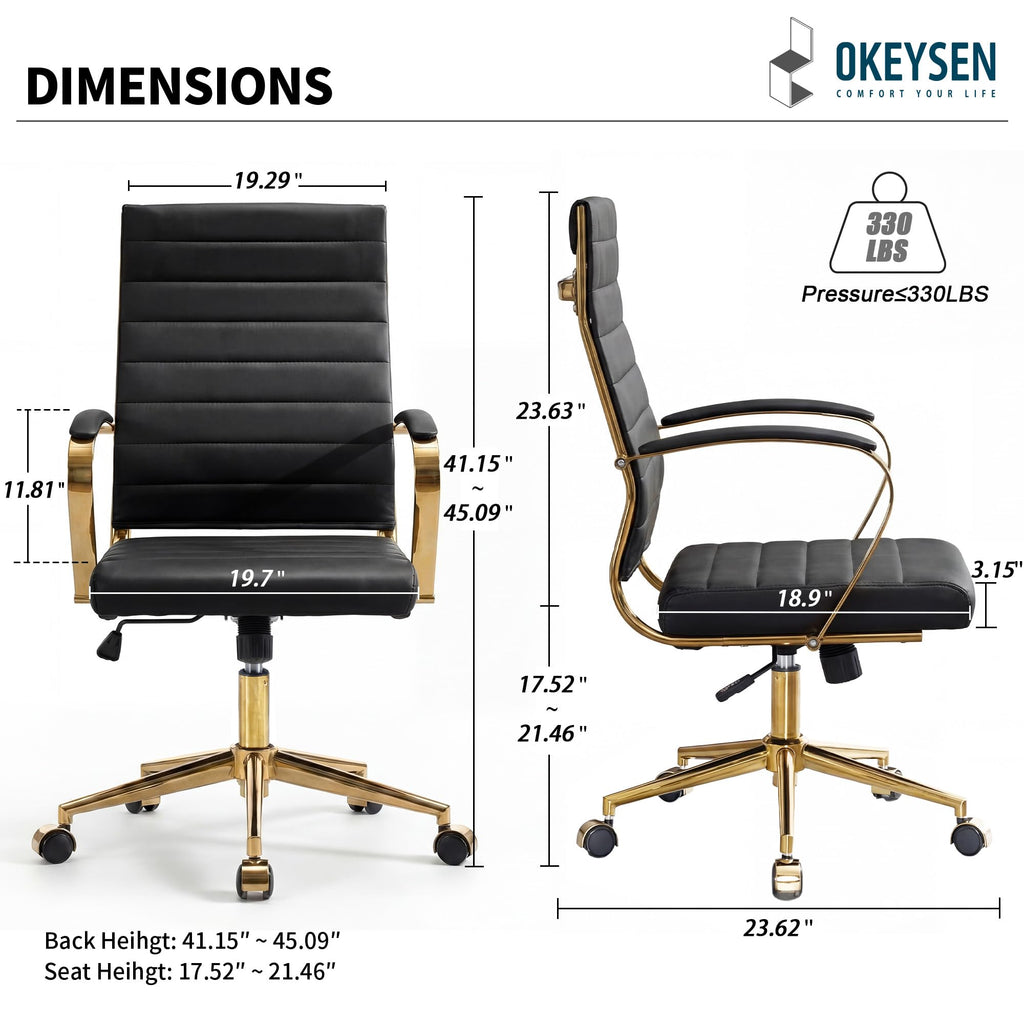 Gold Office Desk Chair, Ergonomic Leather Modern Conference Room Chairs, Executive Ribbed Height Adjustable Swivel Rolling Golden Chair for Home Office.