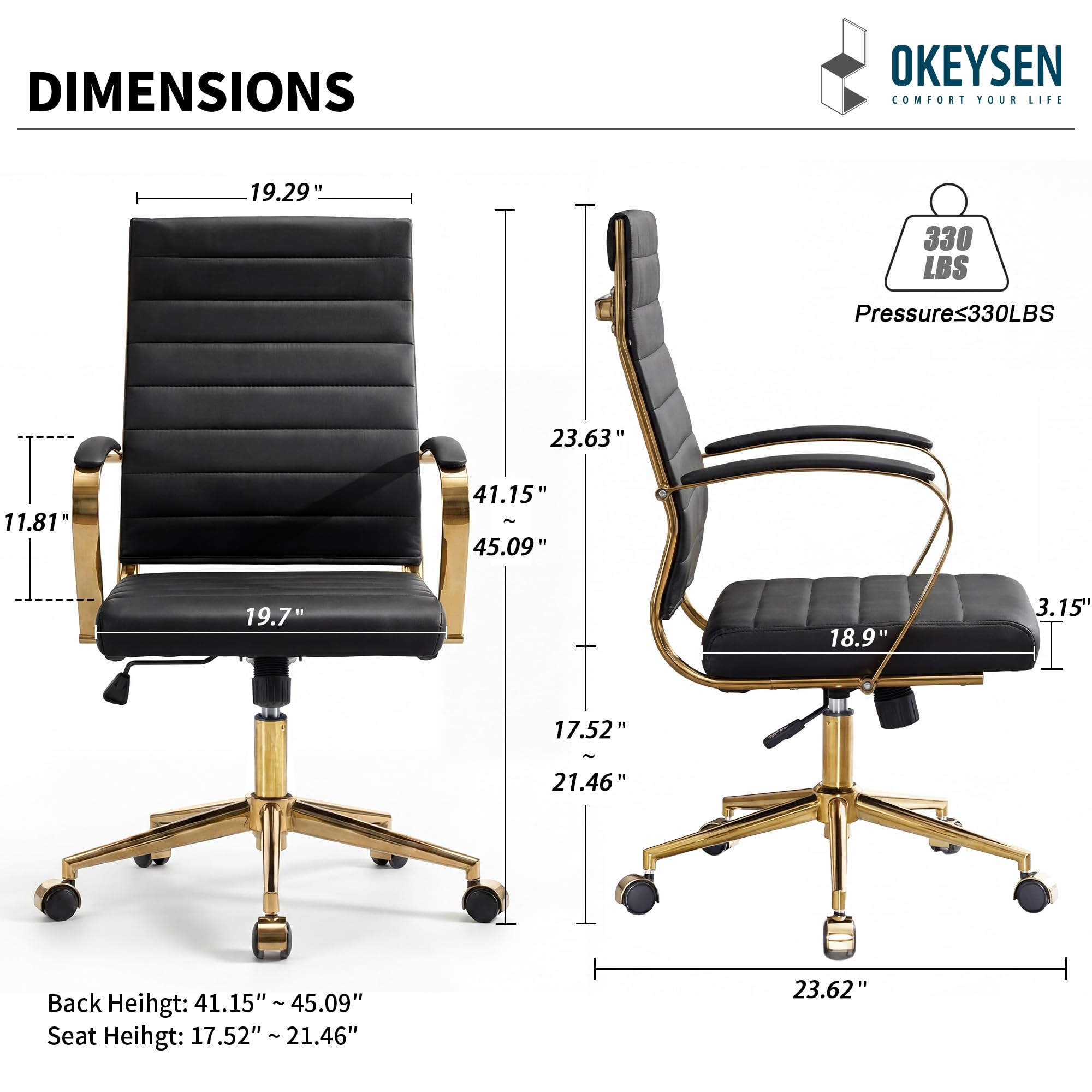 Gold Office Desk Chair, Ergonomic Leather Modern Conference Room Chairs, Executive Ribbed Height Adjustable Swivel Rolling Golden Chair for Home Office.
