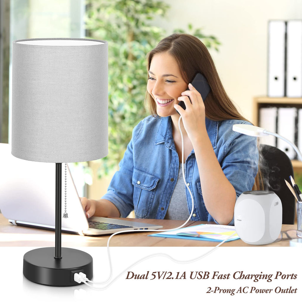 17.3'' Table Lamps Nightstand Set of 2 with 2 USB & AC Outlet, Grey
