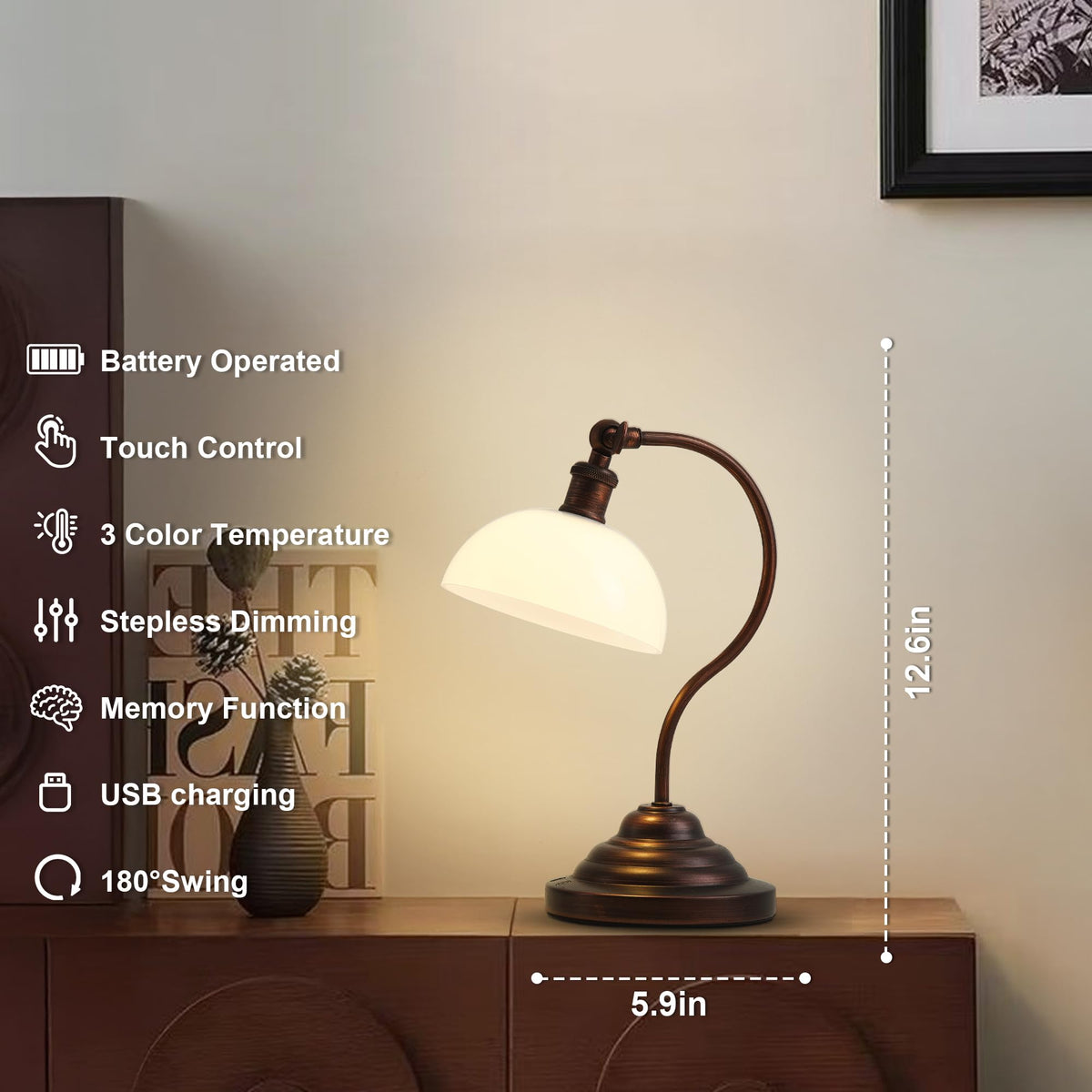 Cordless Table Lamp, Battery Operated Vintage Desk Light, Bronze & White