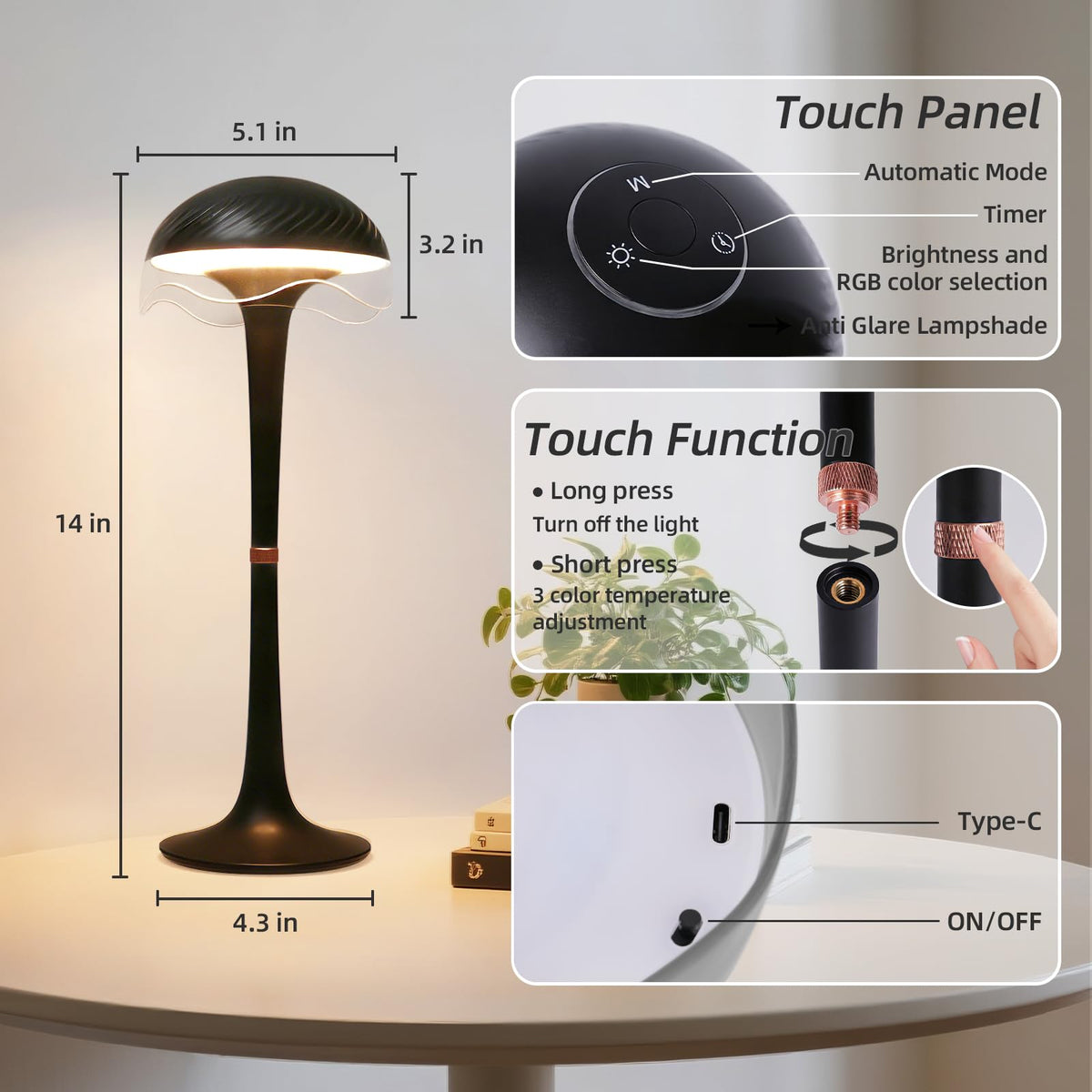 Rechargeable Table Lamp, LED Cordless Table Lamp