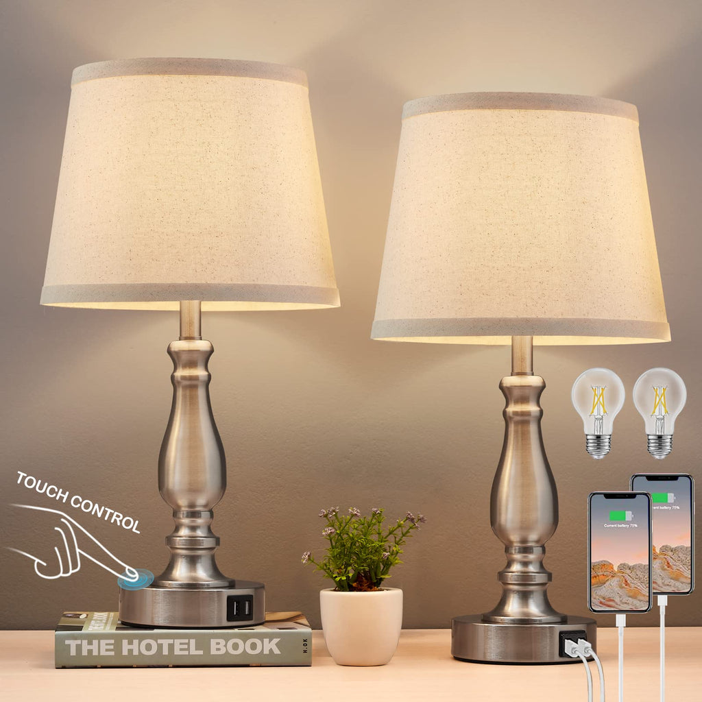 Lamps for Bedrooms Set of 2, Brushed Nickel Bedside Lamps with USB C+A Ports,Dimmable Nightstand Lamps with Fabric Lampshade, Touch Table Lamp for Living Room Bedroom Office, Bulbs Included