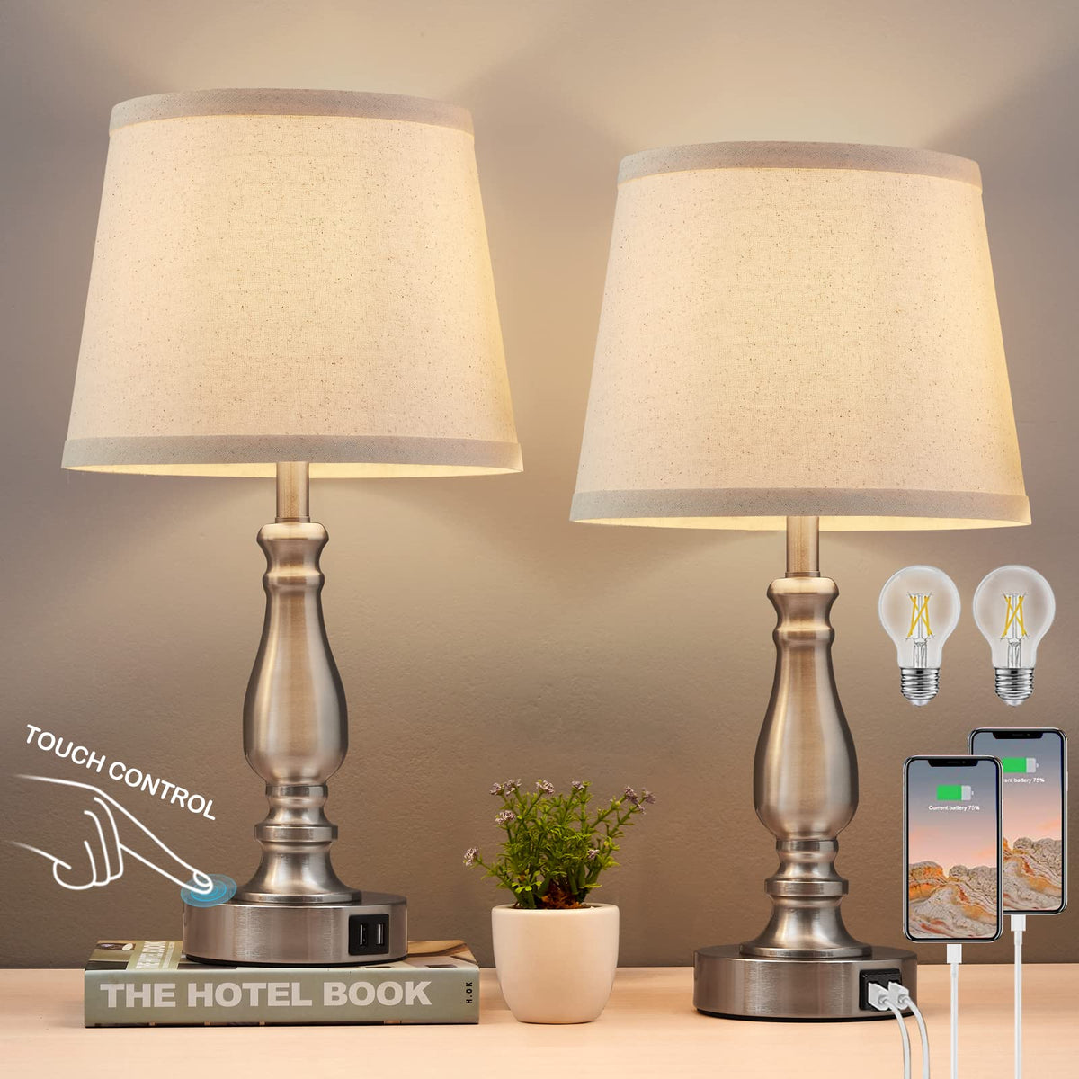Lamps for Bedrooms Set of 2, Brushed Nickel Bedside Lamps with USB C+A Ports,Dimmable Nightstand Lamps with Fabric Lampshade, Touch Table Lamp for Living Room Bedroom Office, Bulbs Included
