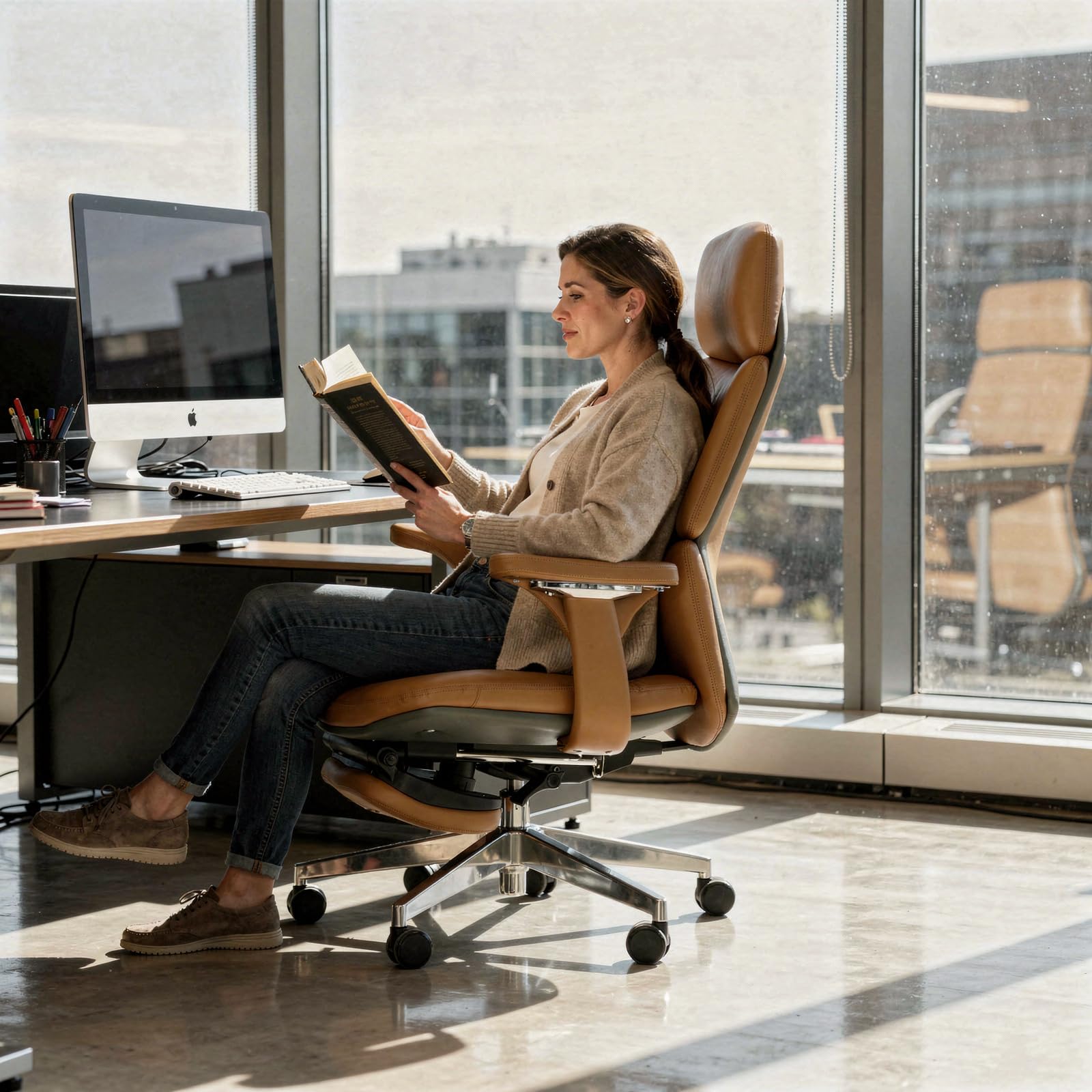 Genuine Leather Office Chair with Flexible Footrest, High Back Executive Office Chair with Lumbar Support, Adjustable Tilt Mechanism, Weight Capacity 400 lbs (Brown)