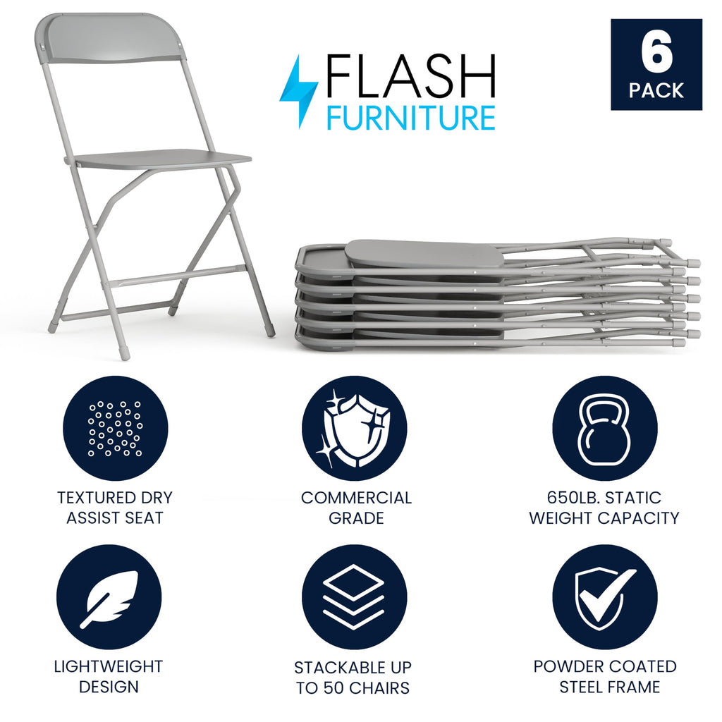6 Pack, Hercules Series Plastic Folding Chair - Grey - 650LB Weight Capacity Comfortable Event Chair-Lightweight Folding Chair
