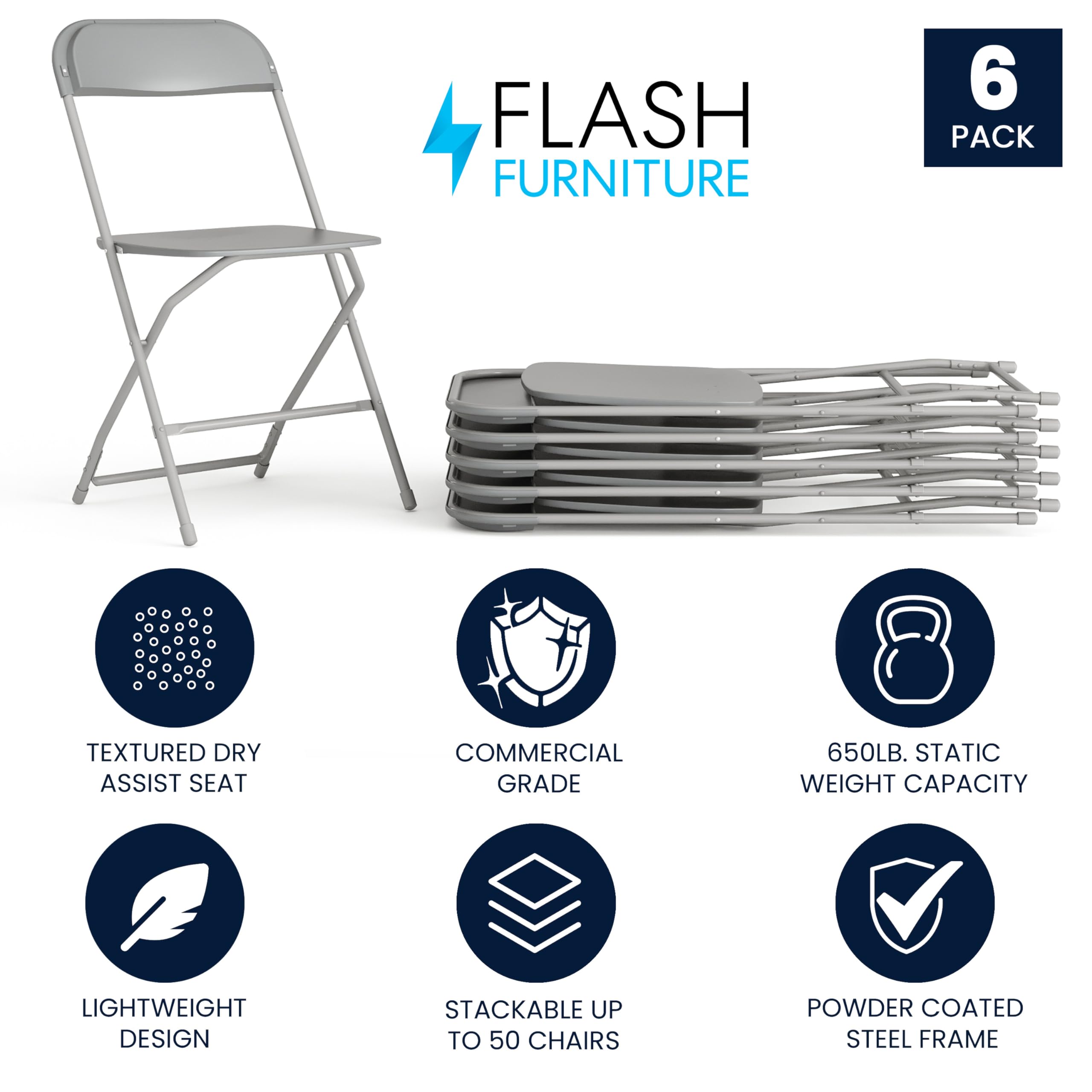 6 Pack, Hercules Series Plastic Folding Chair - Grey - 650LB Weight Capacity Comfortable Event Chair-Lightweight Folding Chair