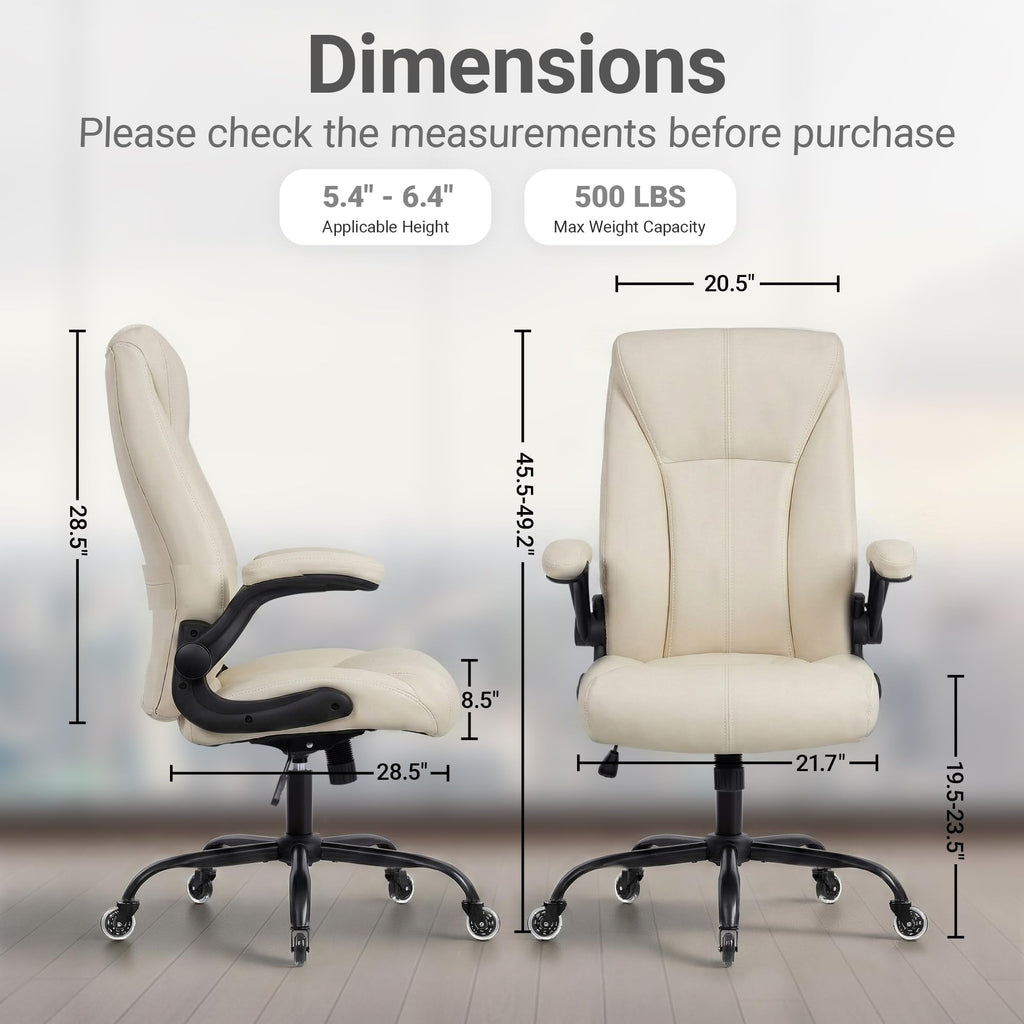 Big and Tall Office Chair for Heavy People, 500LBS High Back Extra Wide Executive PU Leather Office Chair with Flip-Up Armrests, Quiet Rubber Wheels, Comfortable Home Office Desk Chair (White)