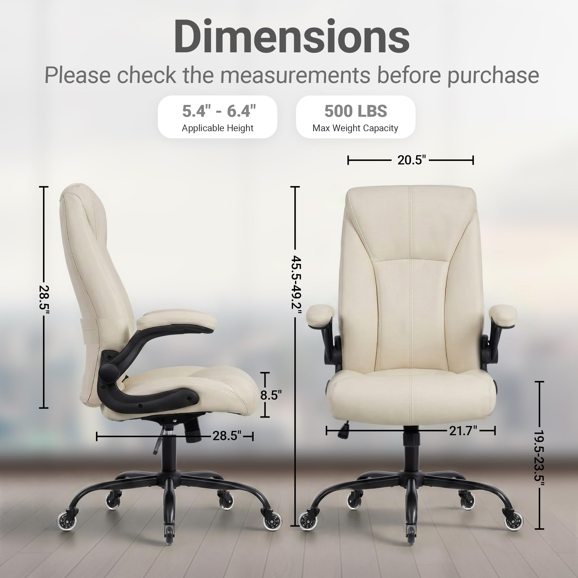 Big and Tall Office Chair for Heavy People, 500LBS High Back Extra Wide Executive PU Leather Office Chair with Flip-Up Armrests, Quiet Rubber Wheels, Comfortable Home Office Desk Chair (White)