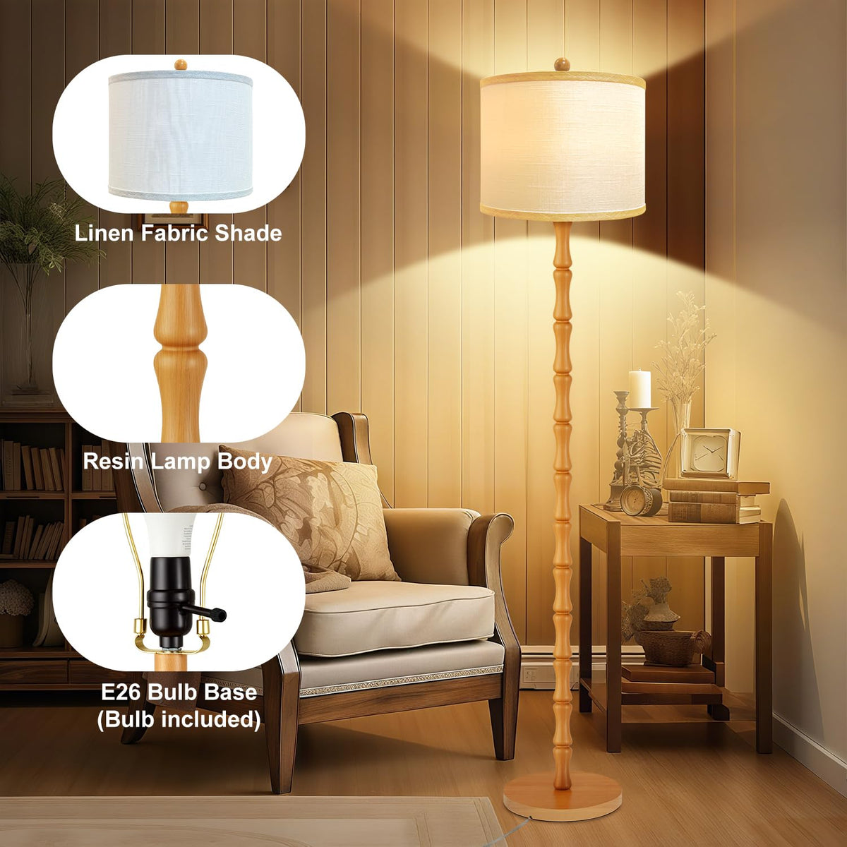 Vintage Wood Floor Lamps with Rotary Switch, 3 Color Temperatures Bulb,Modern Farmhouse Floor Lamps for Living Room,Rustic Standing Lamp for Bedroom,Tall Lamp for Office Corner Nursey Decor