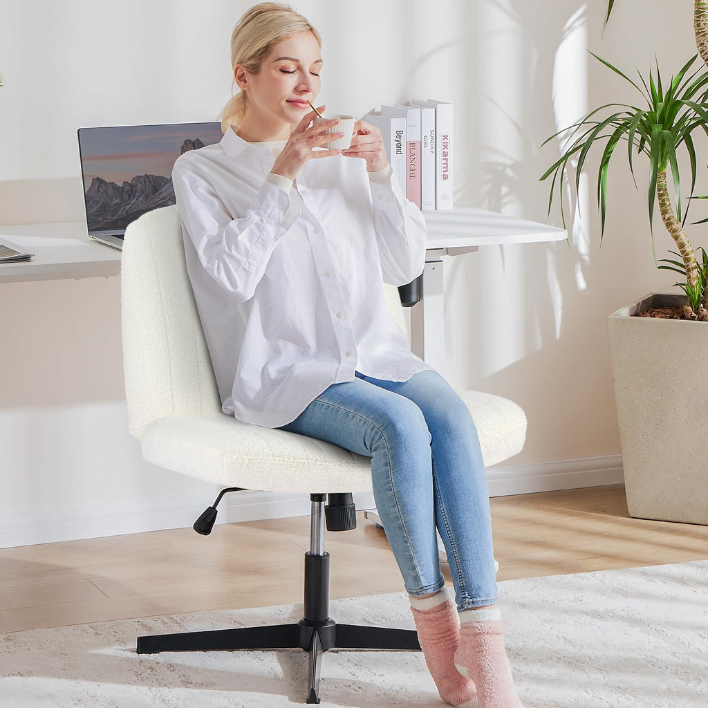Criss Cross Chairs Legged Armless No Wheels Wide Seat Height Adjustable Swivel Rolling Padded Furry Cute Home Office Desk Seating for Bedroom, Student, Study Room