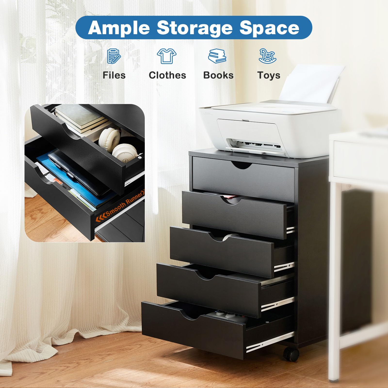 5 Drawer File Cabinet with Wheels, Under Desk Storage Printer Stand