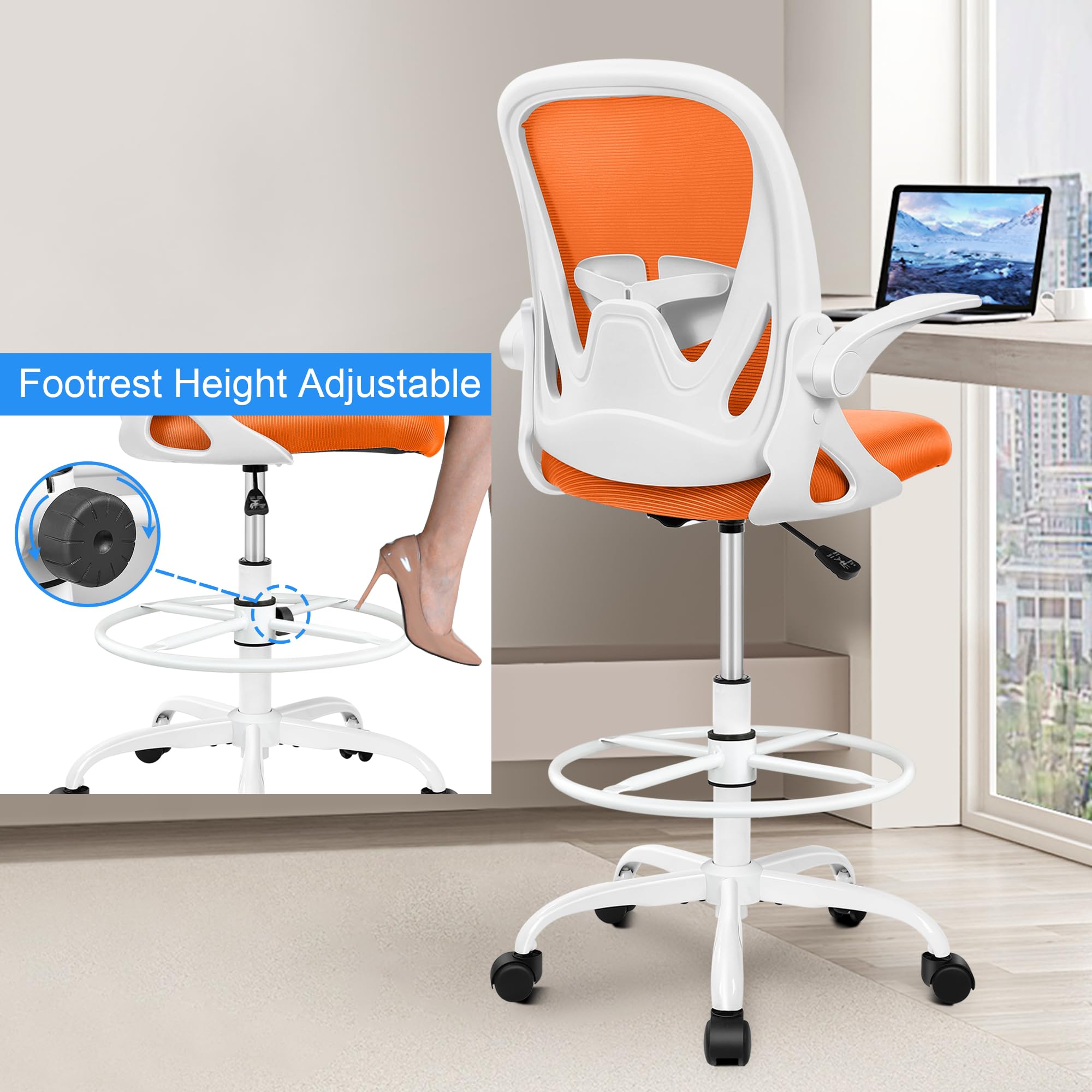 Drafting Chair Tall Office Chair with Flip-up Armrests Executive Ergonomic Computer Standing Desk Chair with Lumbar Support and Adjustable Footrest Ring (Sunset Orange)