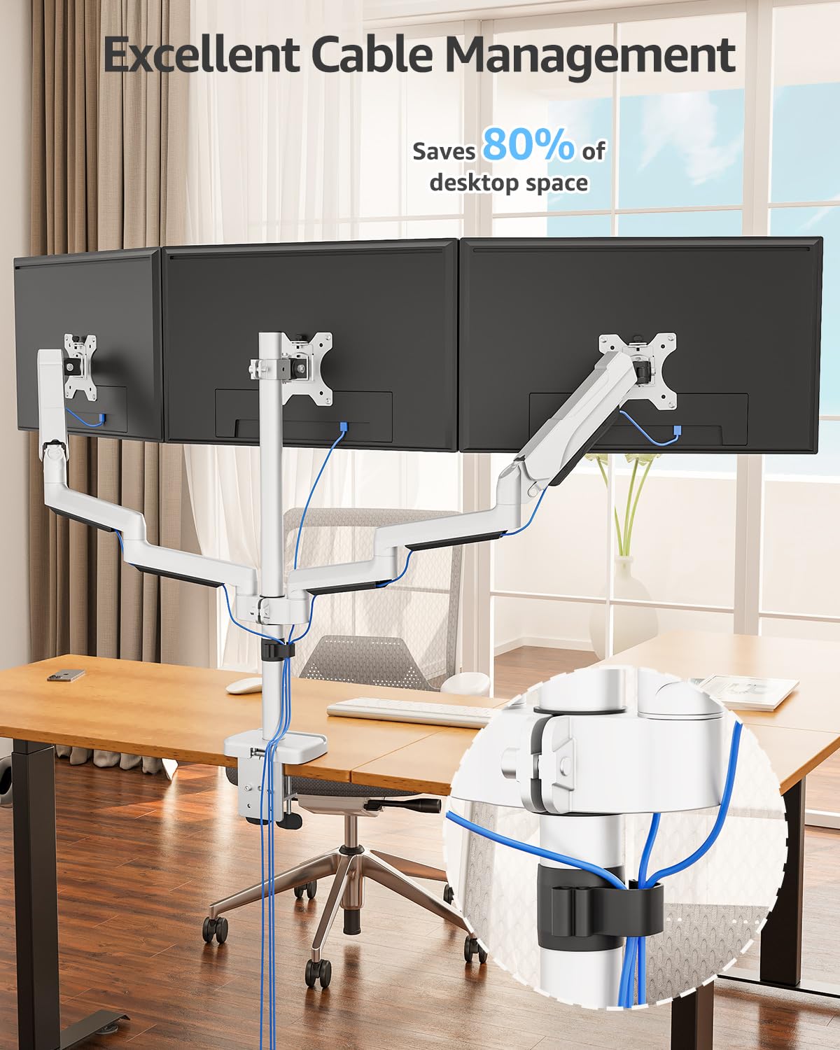Triple Monitor Stand Mount - 3 Monitors Desk Mount for Computer Screens Up to 27 inch, Triple Monitor Arm, Heavy Duty Monitors Stand, Each Arm Holds 4.4-19.8 lbs, White
