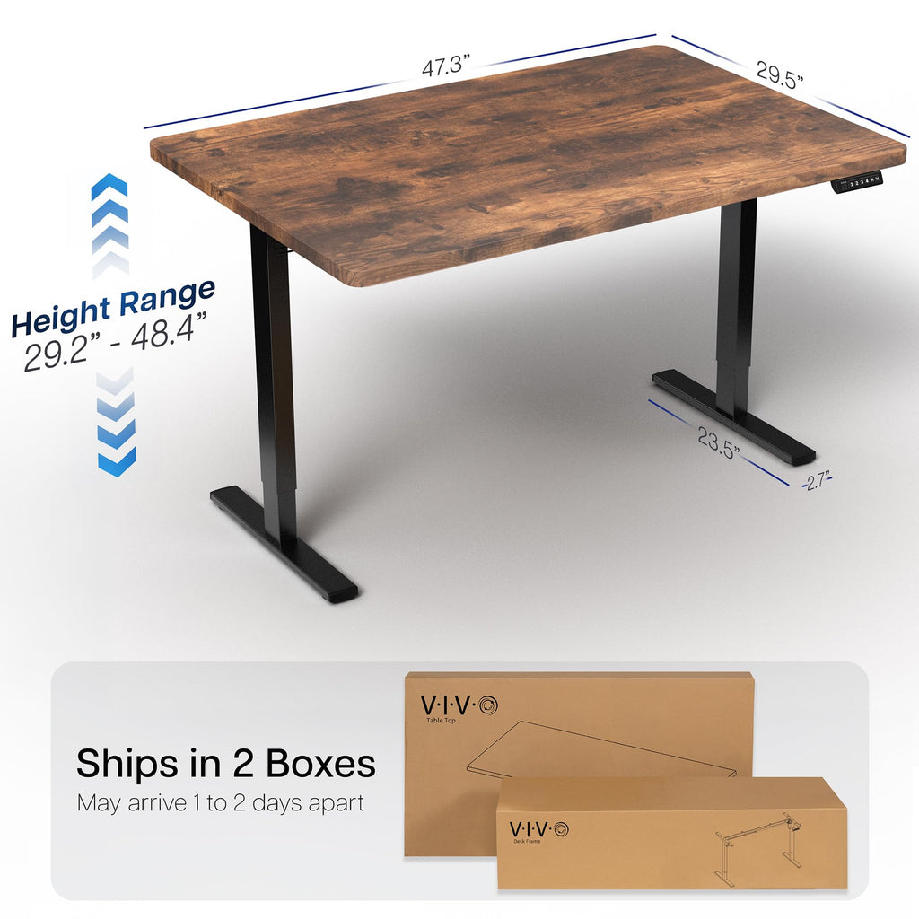 Electric 48 x 30 in Rustic Standing Desk, Memory Height Adjustment, 1B Series, Holds 220 lbs, One-Piece Vintage Brown Top, Black Frame