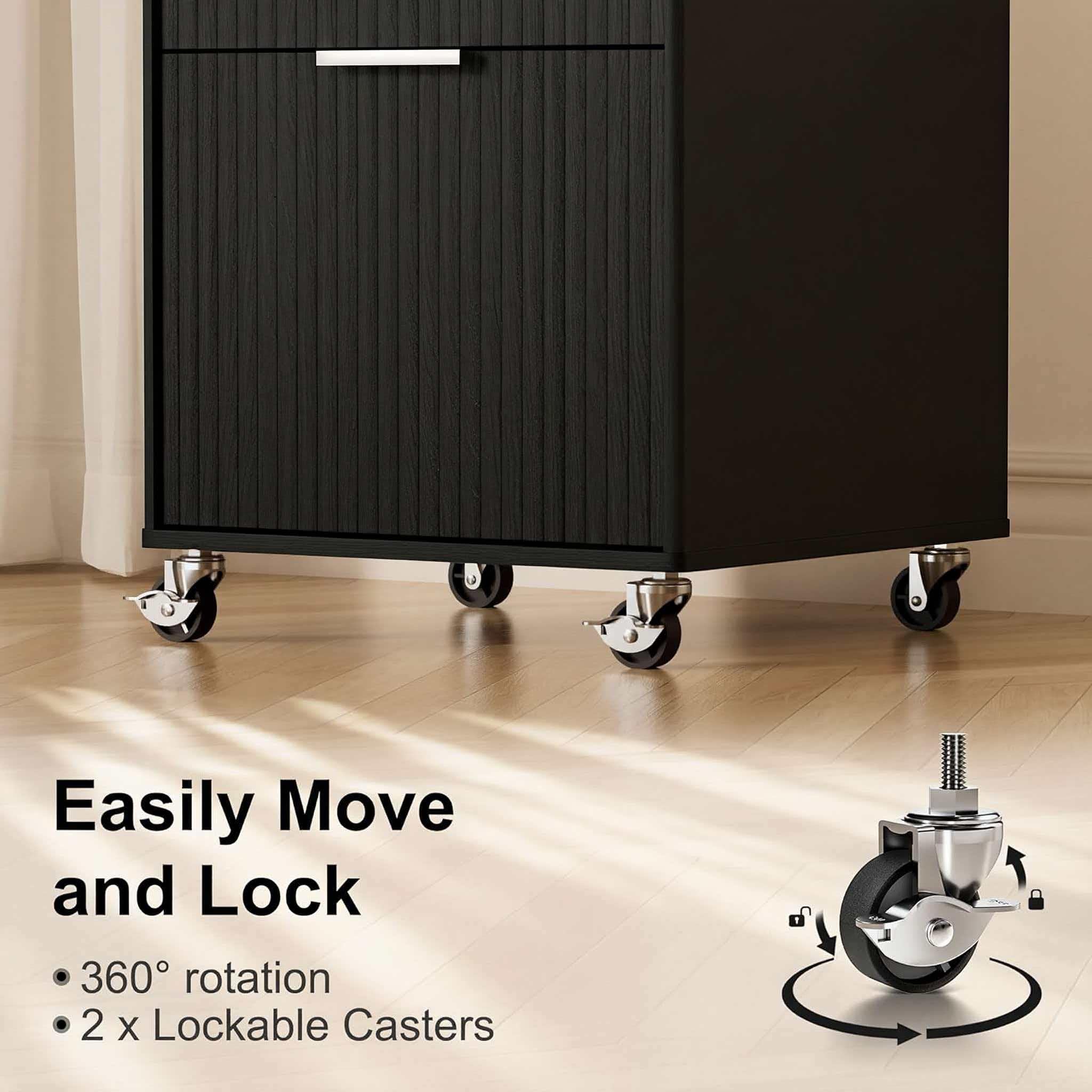 3 Drawers Fluted Mobile File Cabinet with Lock, Rolling File Cabinet Printer Stand Table, Under Desk Wooden Filing Cabinets for Home Office Essentials Storage Organization Furniture Letters/A4(Black)