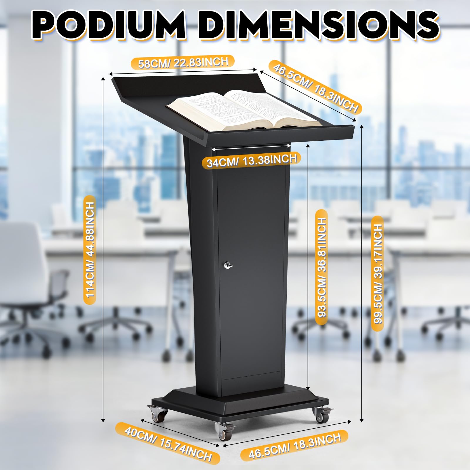 Ultral 45.3IN Podium Lectern with Wheels, Iron Pulpit for Churches Stand with Lockable Double-Layer Storage, Modern Metal Pulpits Lectern for Classroom, Conference, Presentation,Wedding