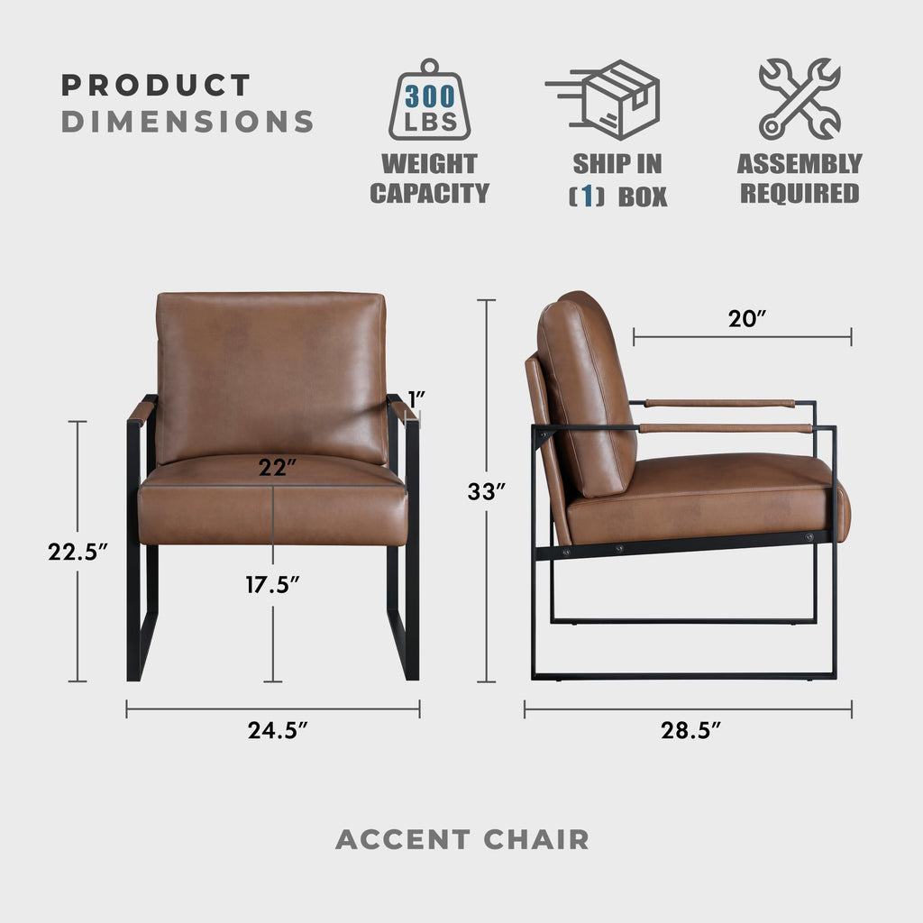 Modern Accent Chair, Faux Leather Upholstered Chair with Wrapped Armrests, Arm Chair with Black Metal Frame, Comfy Single Chair for Living Room/Bedroom/Reading Room/Office, Brown