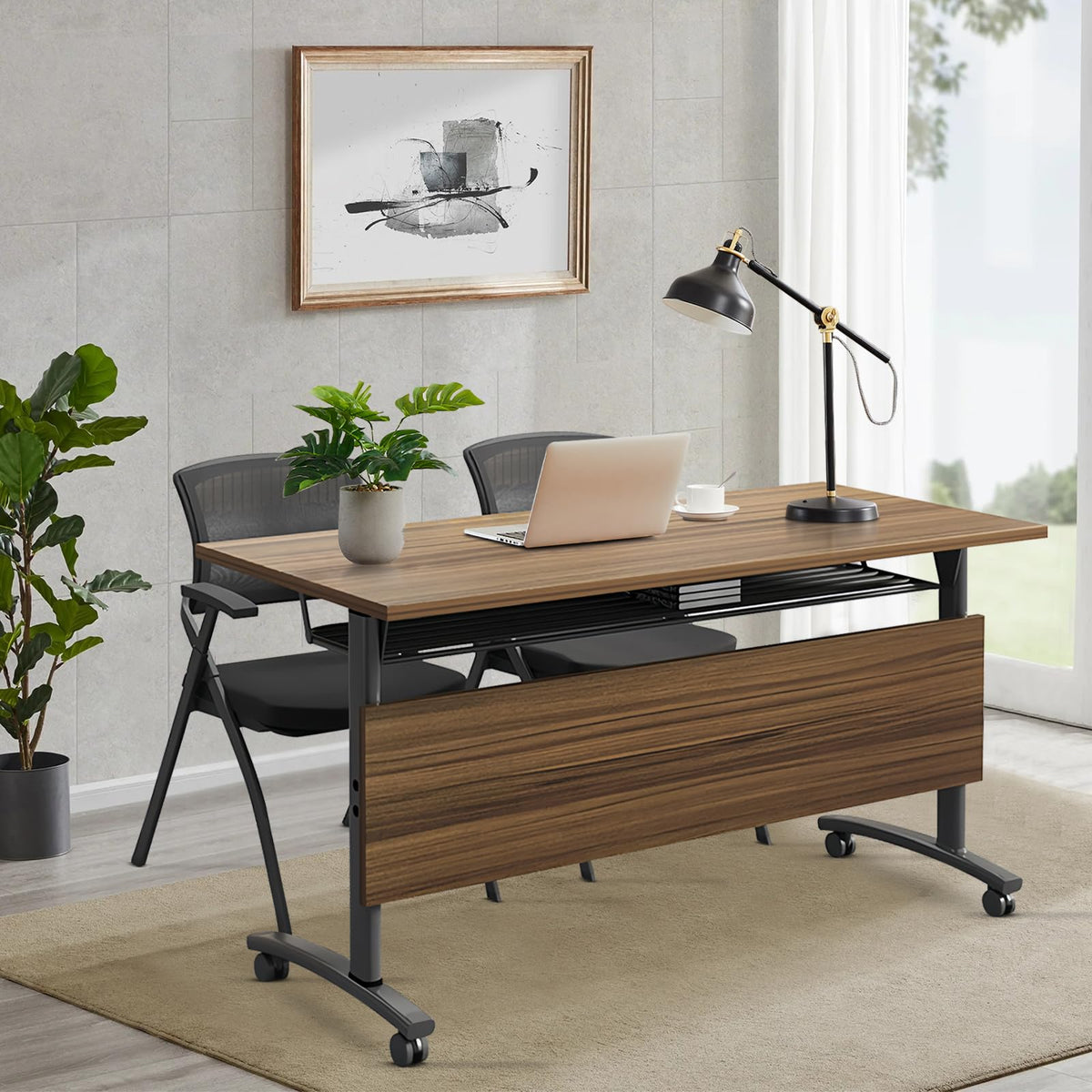 Folding Conference Table, Flip-Top, 61in, Walnut, Set of 2