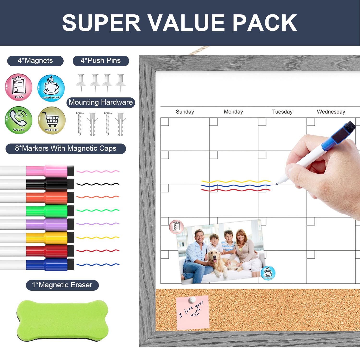 Calendar Whiteboard for Wall, 17x13 Inches Dry Erase Calendar Cork Board Combo, Magnetic Monthly White Board with Wood Framed, Hanging Dry Erase Board for Home Kitchen Office Planner Memo