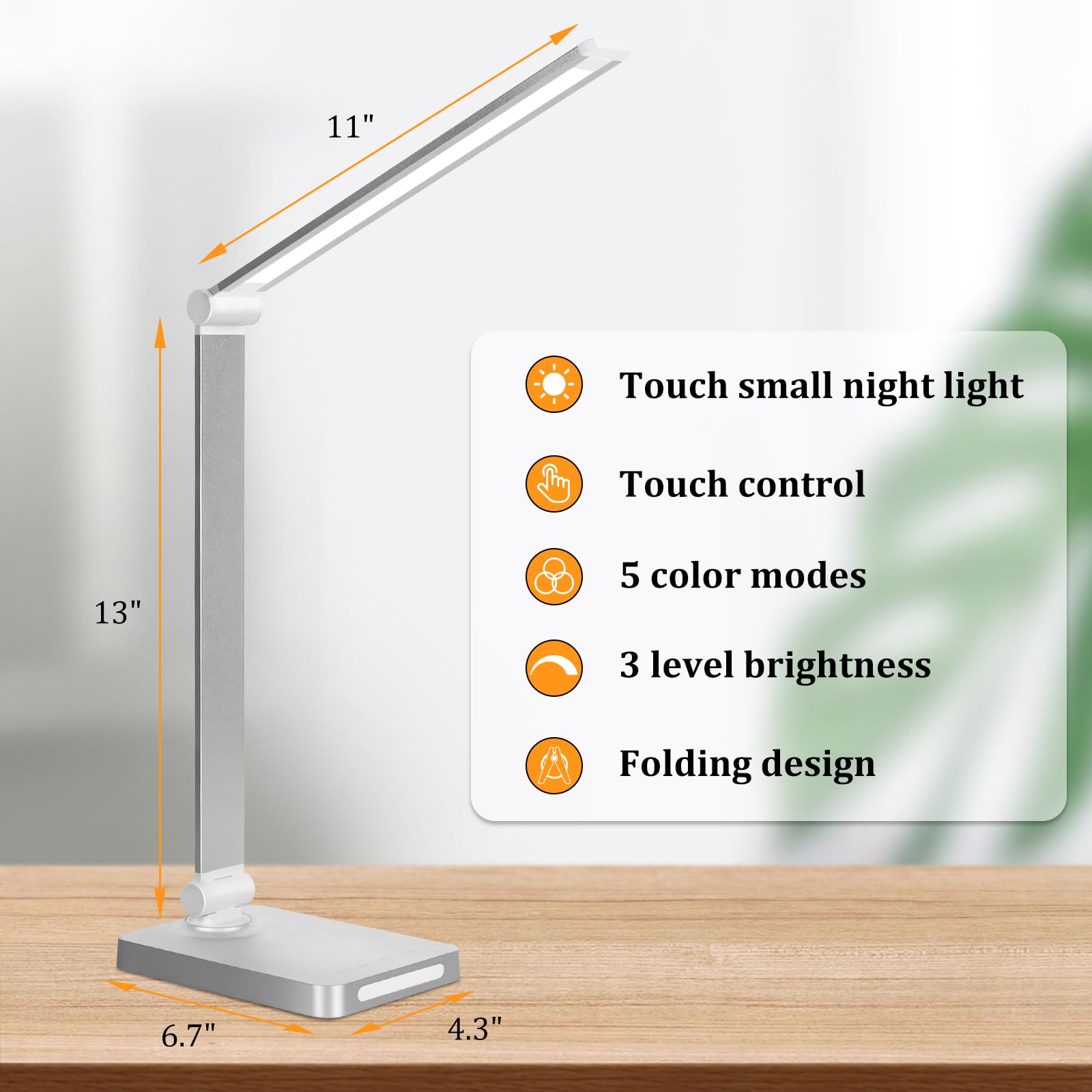 LED Desk Lamp with USB Ports,Touch Desk Lamps for Home Office with 5 Color Modes,3 Brightness Desk Light with Small Night Light,Reading Lamp Table LED Lamp for Bedroom Bedsid Study Sliver