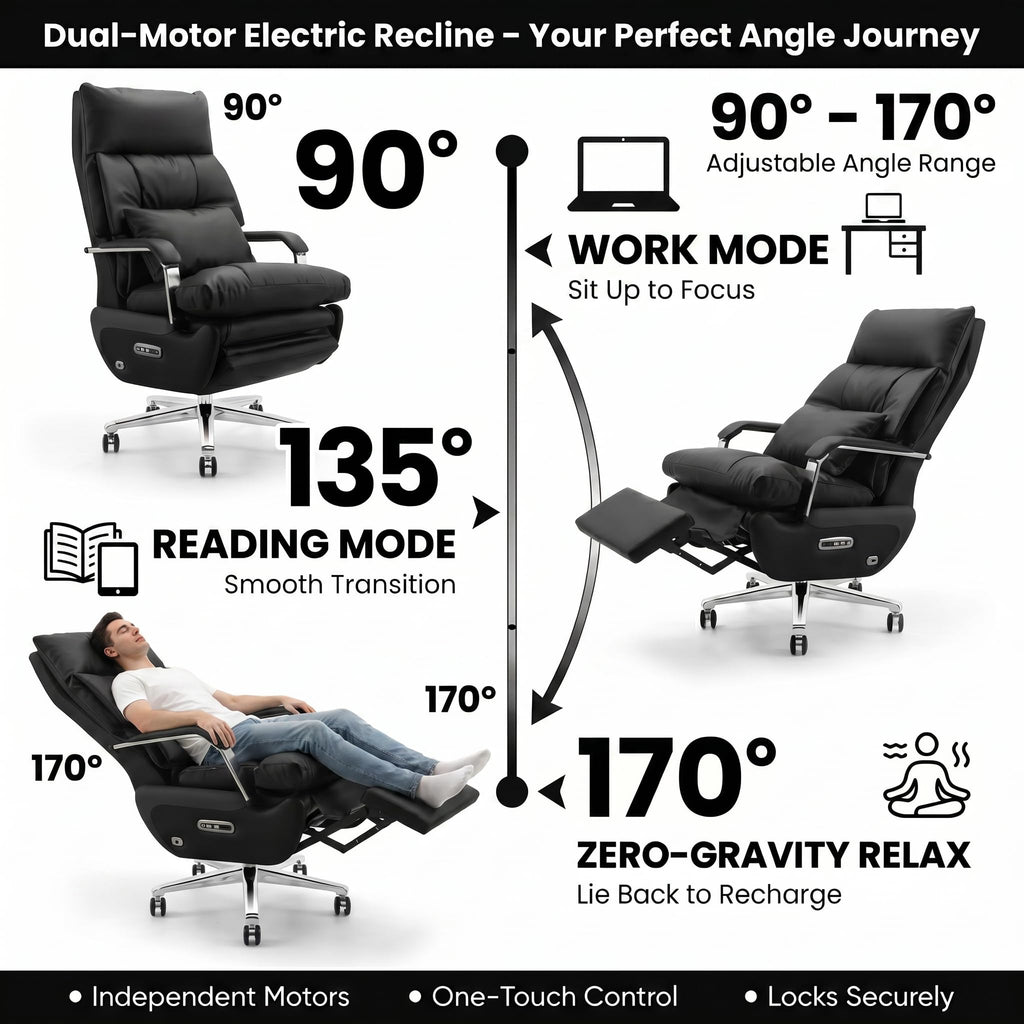 Dual Motor Executive Office Chair with Footrest, One-Touch Reset, 170° Reclining Wide Seat Ergonomic Leather Desk Chair, 450LBS Big and Tall for Home&Office (Black)