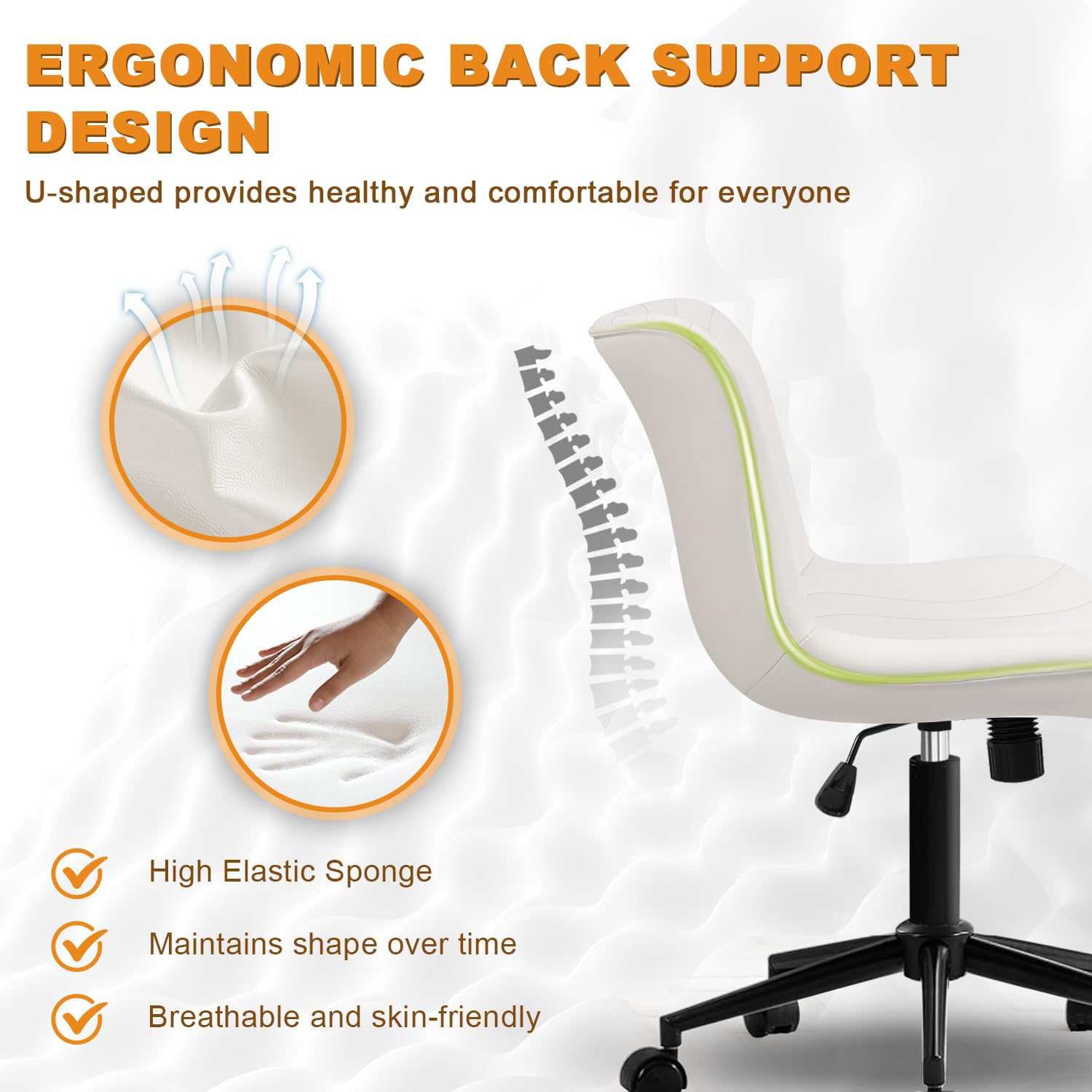 Armless Office Chair, Height Adjustable Desk Chair with Wheels, Ergonomic Comfy 360° Swivel Home Office Computer Task Chair, Faux Leather Padded Cute Vanity Chair, White