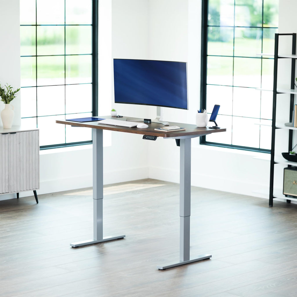 Electric 55 x 28 in Standing Desk, Memory Height Adjustment, 1B Series, Holds 220 lbs, One-Piece Rustic Vintage Brown Top, Gray Frame