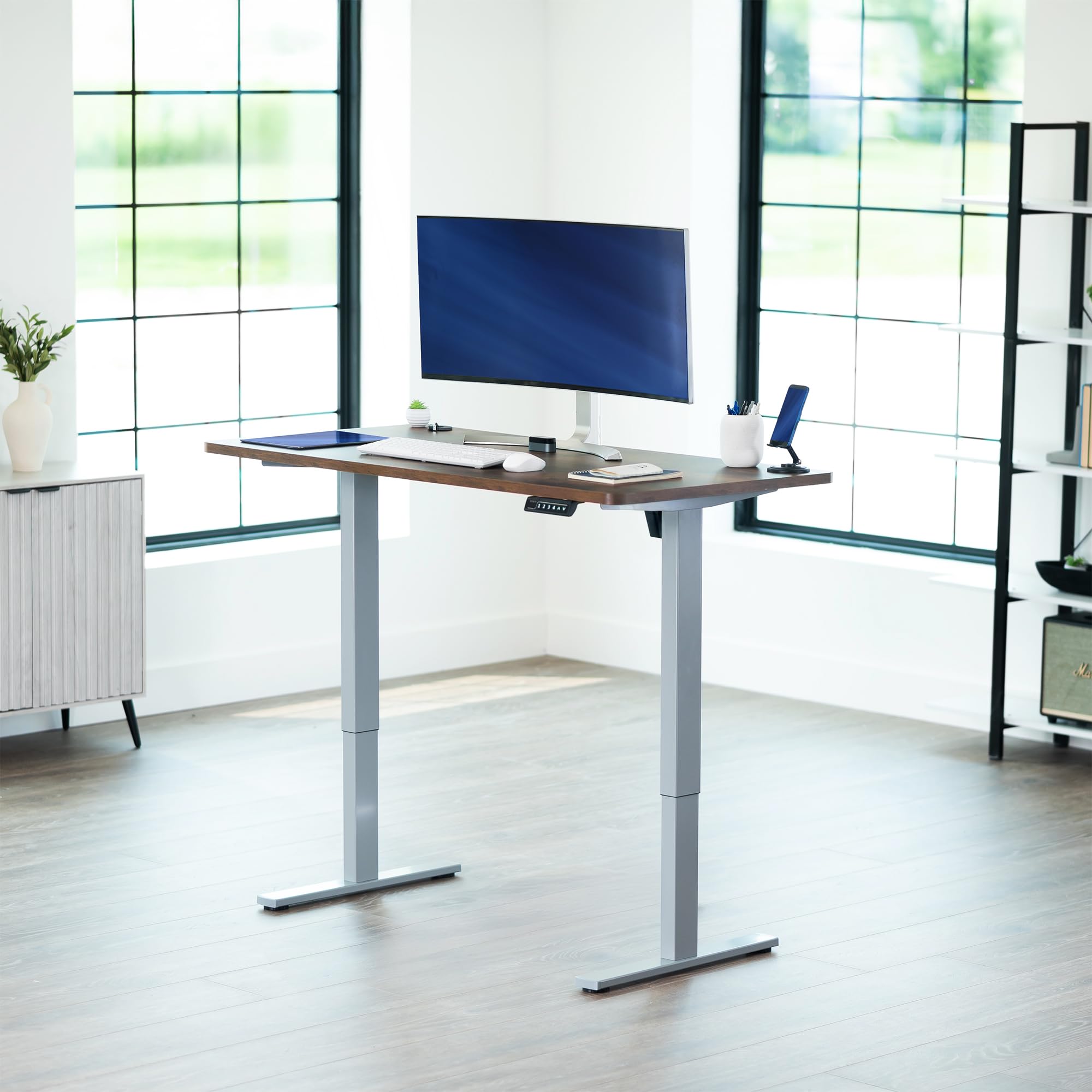Electric 55 x 28 in Standing Desk, Memory Height Adjustment, 1B Series, Holds 220 lbs, One-Piece Rustic Vintage Brown Top, Gray Frame
