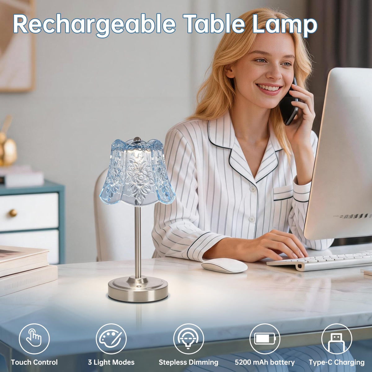 Cordless Touch Table Lamp with 5200mAh Battery - 3 Adjustable Color Temperatures & Dimmable, Rechargeable Lamp for Bedroom, Living Room, Office, Entryway, Bookshelves (Clear Light Blue Rose)