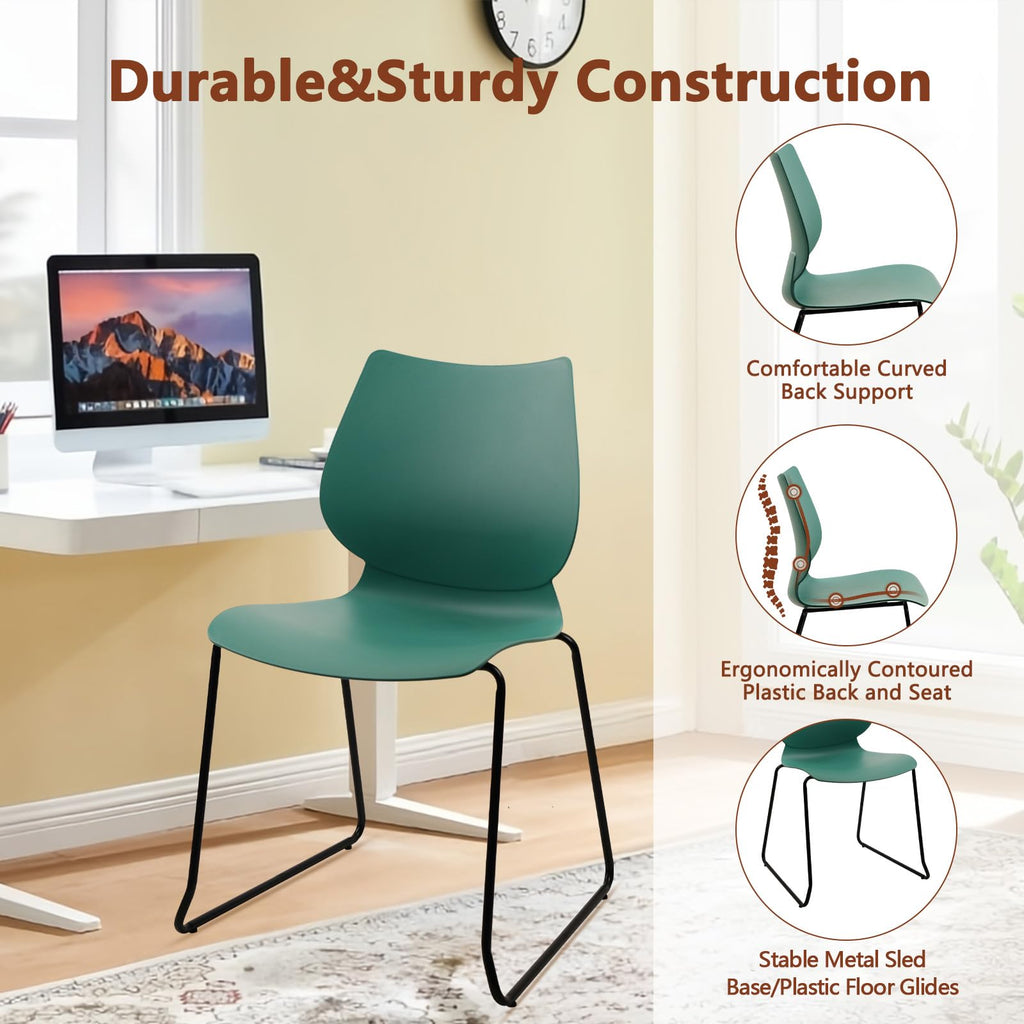 Set of 4, Stackable Waiting Room Chair, Stacking Office Chair with Ergonomic Lumbar Support and Metal Legs, Plastic Desk Chairs for Conference School Church Guest Reception, Green