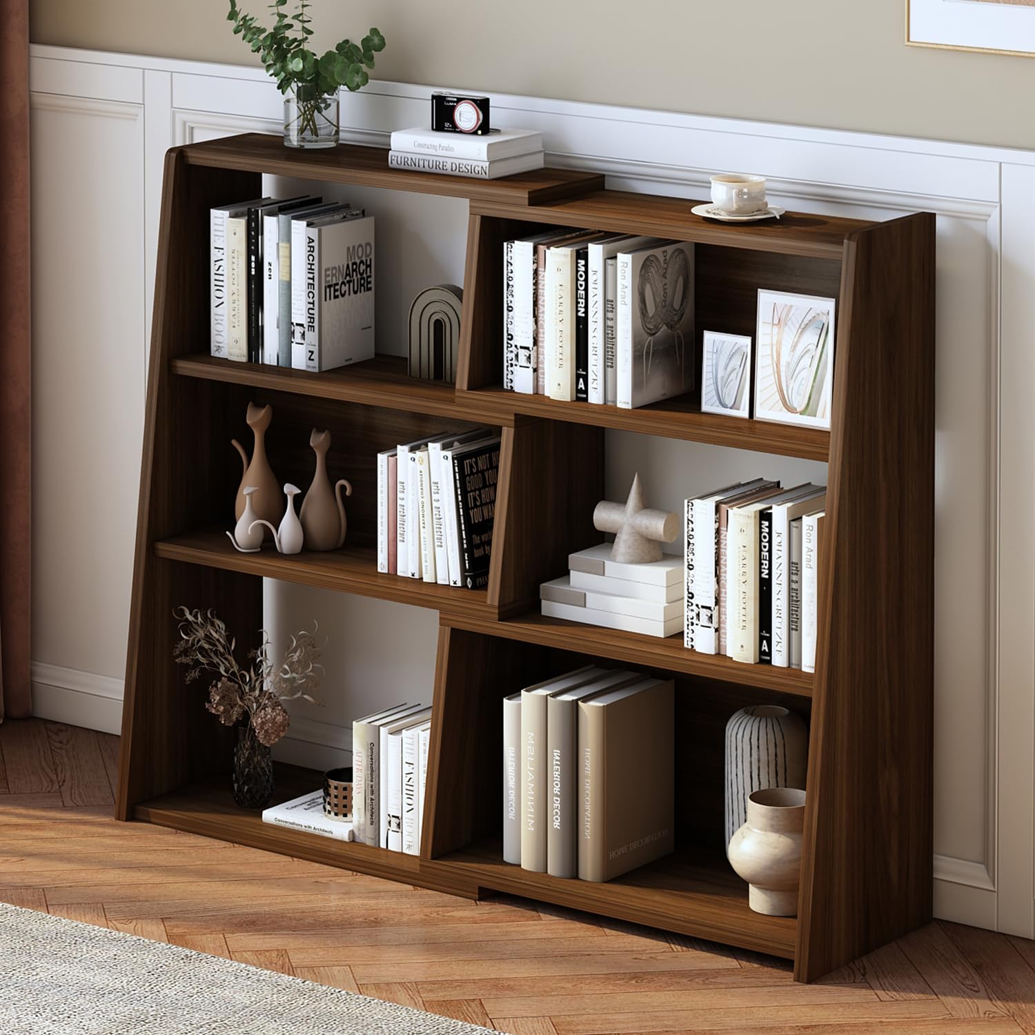 Wooden Extendable Shelf Bookcase, 3-Tier Low Bookshelf, Walnut, small