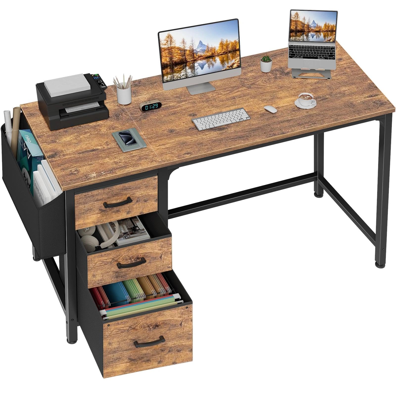 Computer Desk with Fabric File Drawers Cabinet, 55 Inch Reversible Home Office Desks with Filing Cabinet for Small Space, Study Writing Table PC Desks with Storage for Bedroom, Rustic Brown