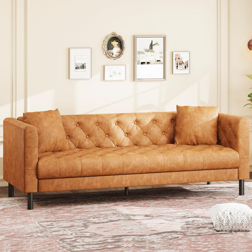81" Leather Couch, Chesterfield Sofa with Deep Seat, Handmade Button Tufted 3 Seater Sofa, Modern Leather Sofa for Apartment, or Office, Cognac Tan