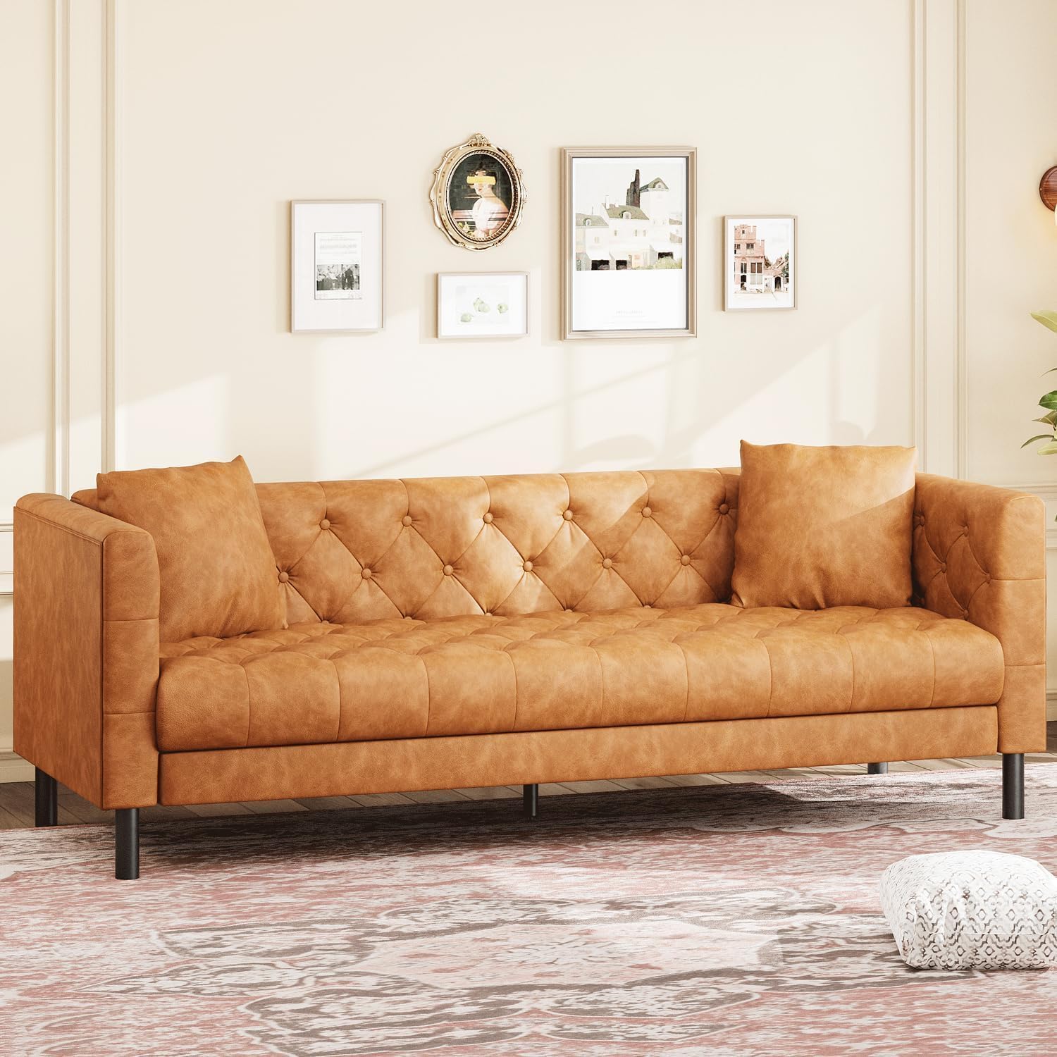 81" Leather Couch, Chesterfield Sofa with Deep Seat, Handmade Button Tufted 3 Seater Sofa, Modern Leather Sofa for Apartment, or Office, Cognac Tan