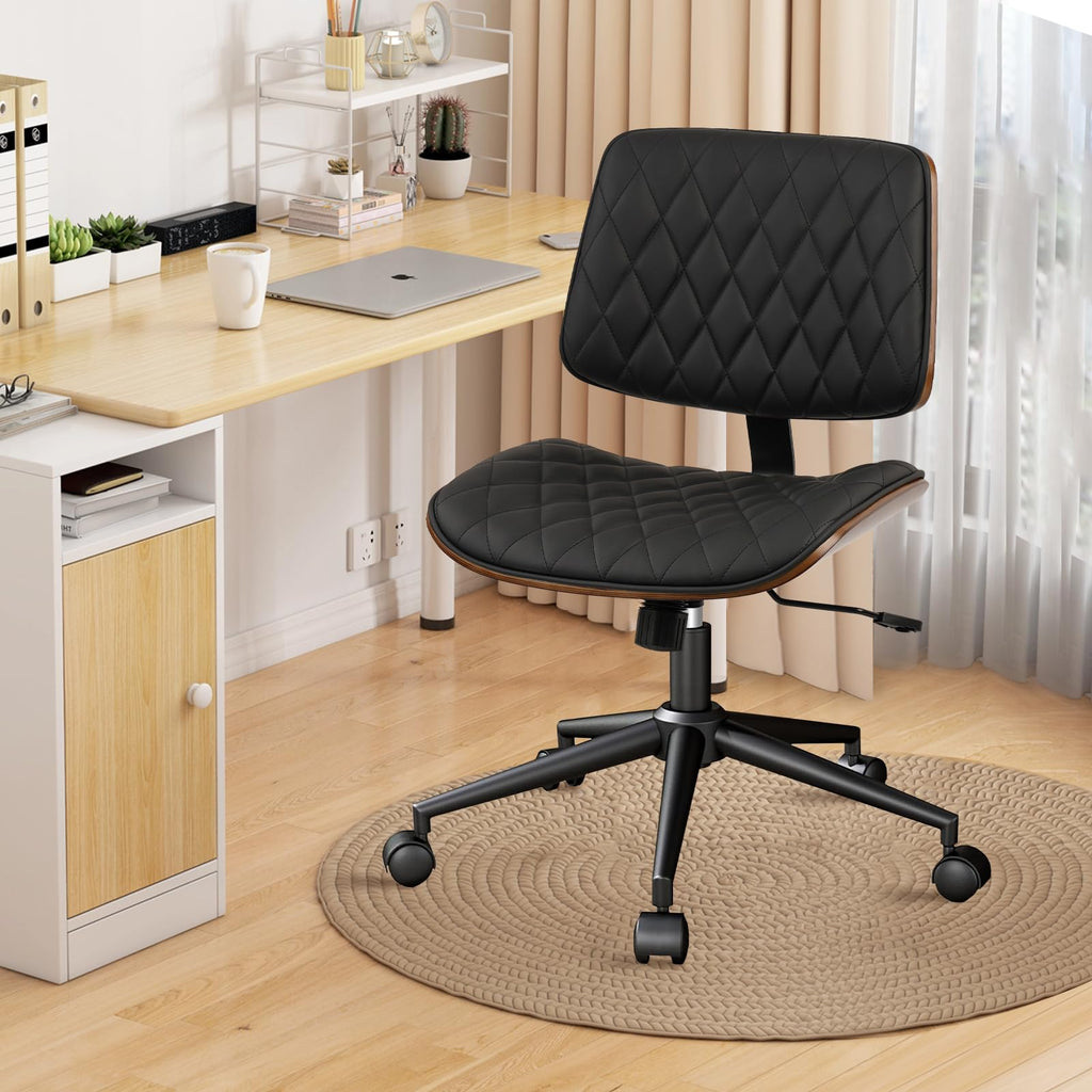 Home Office Desk Chair with Wheels, Adjustable Height Armless Office Chair, PU Leather Mid Back 360 Swivel Computer Chair, Modern Walnut Chair for Home, Meeting, Reading Room,Black(1 pk)