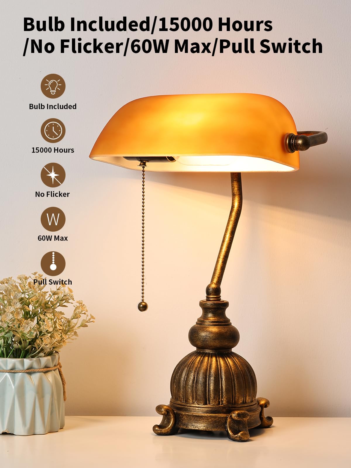 Retro Amber Glass Bankers Desk Lamp,LED Bulb Included