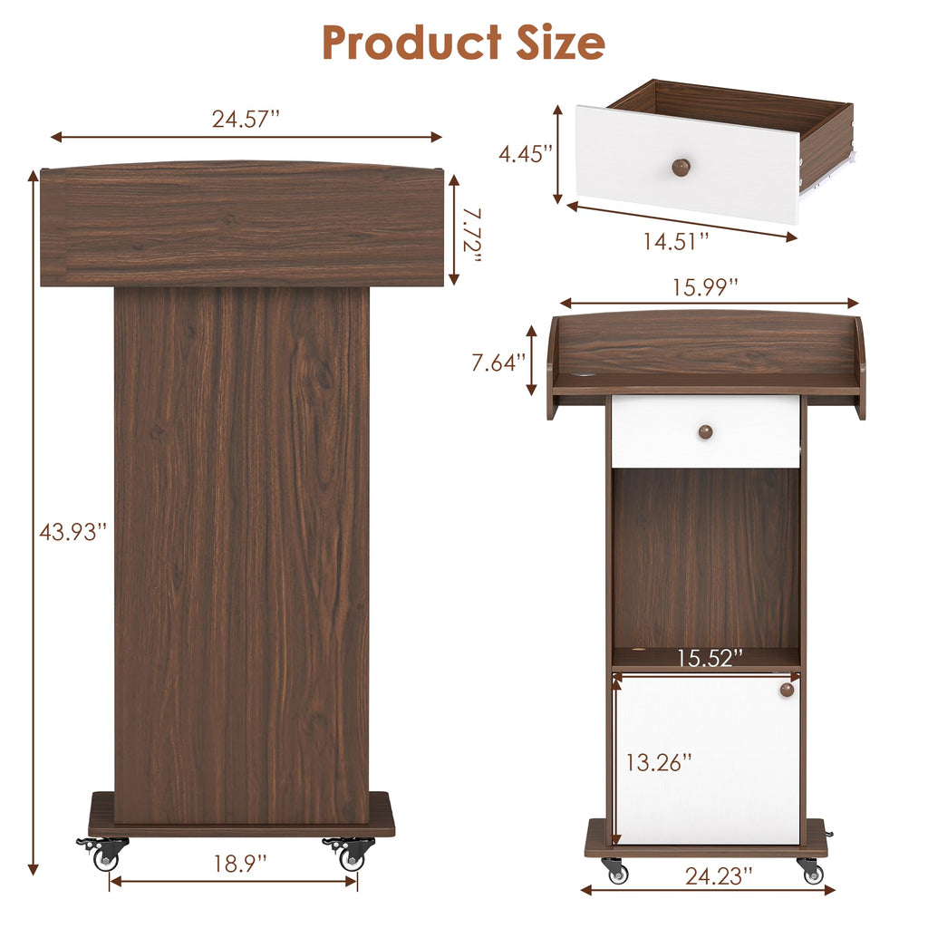 Podium Stand with Metal Wheels Wooden Lectern Podium Stand Portable Pulpit Standing with Storage Mobile Reception Podiums for Church Office School Conference Restaurant Meeting,Brown White