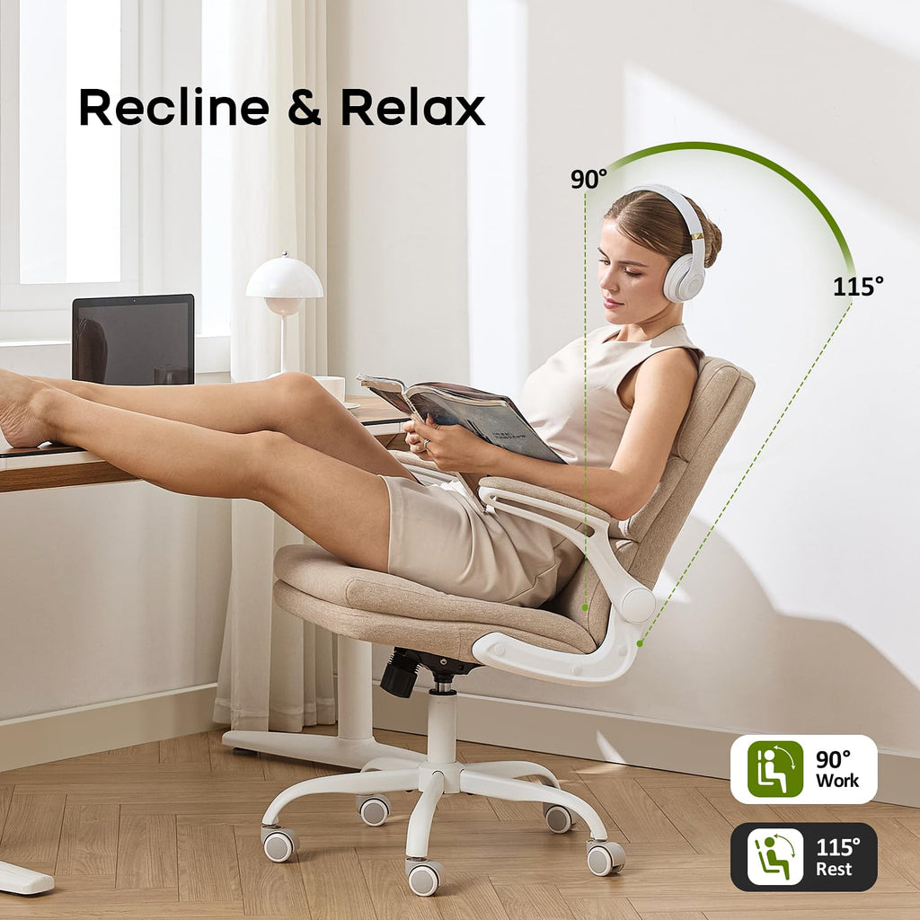 Office Chair Adjustable Desk Chair Mid Back Executive Comfortable Fabric Ergonomic Back Support Home Computer Chair with Padded Flip-up Armrest Swivel Wheels (Beige)