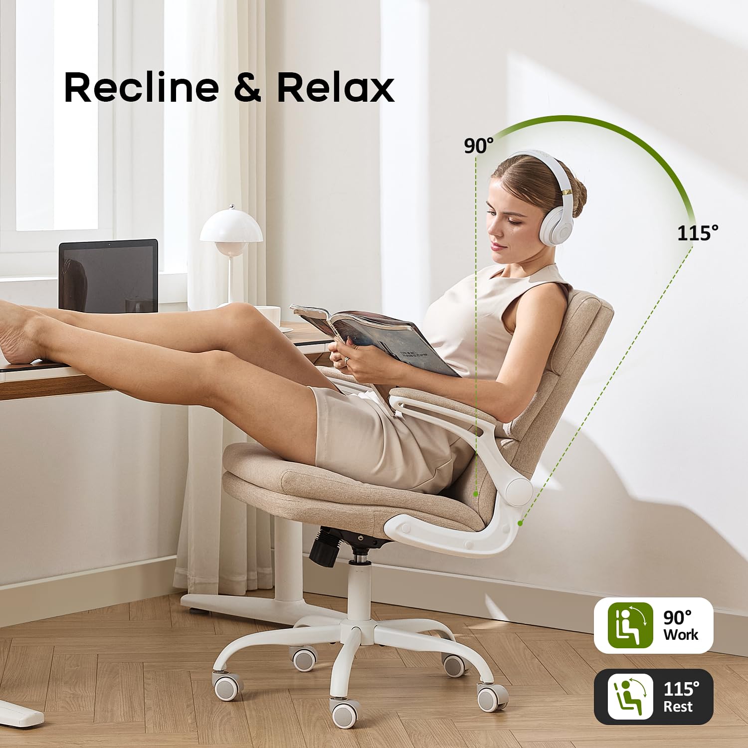 Office Chair Adjustable Desk Chair Mid Back Executive Comfortable Fabric Ergonomic Back Support Home Computer Chair with Padded Flip-up Armrest Swivel Wheels (Beige)